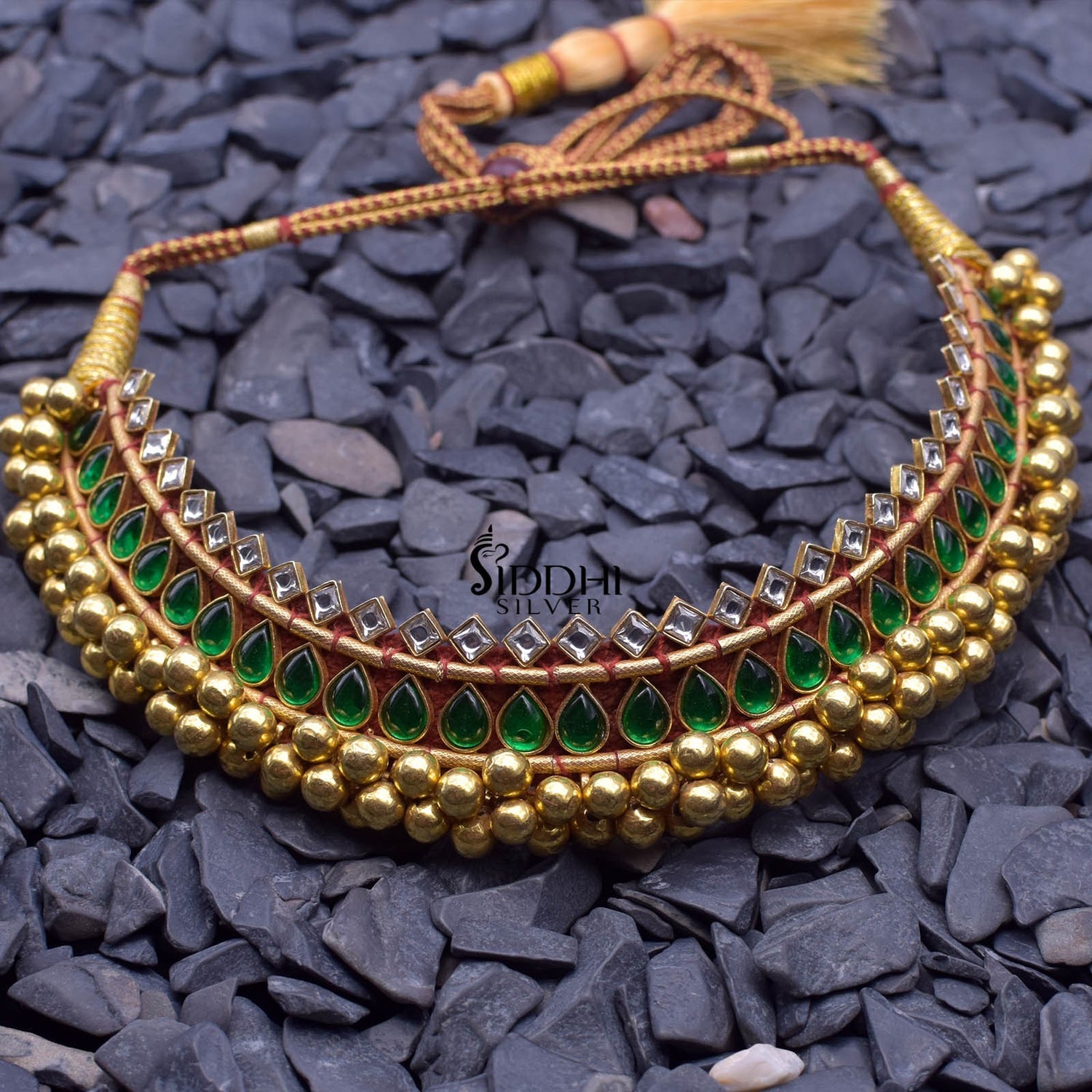24k Gold Plated Green Kundan Paan Peti Kolhapuri Thushi