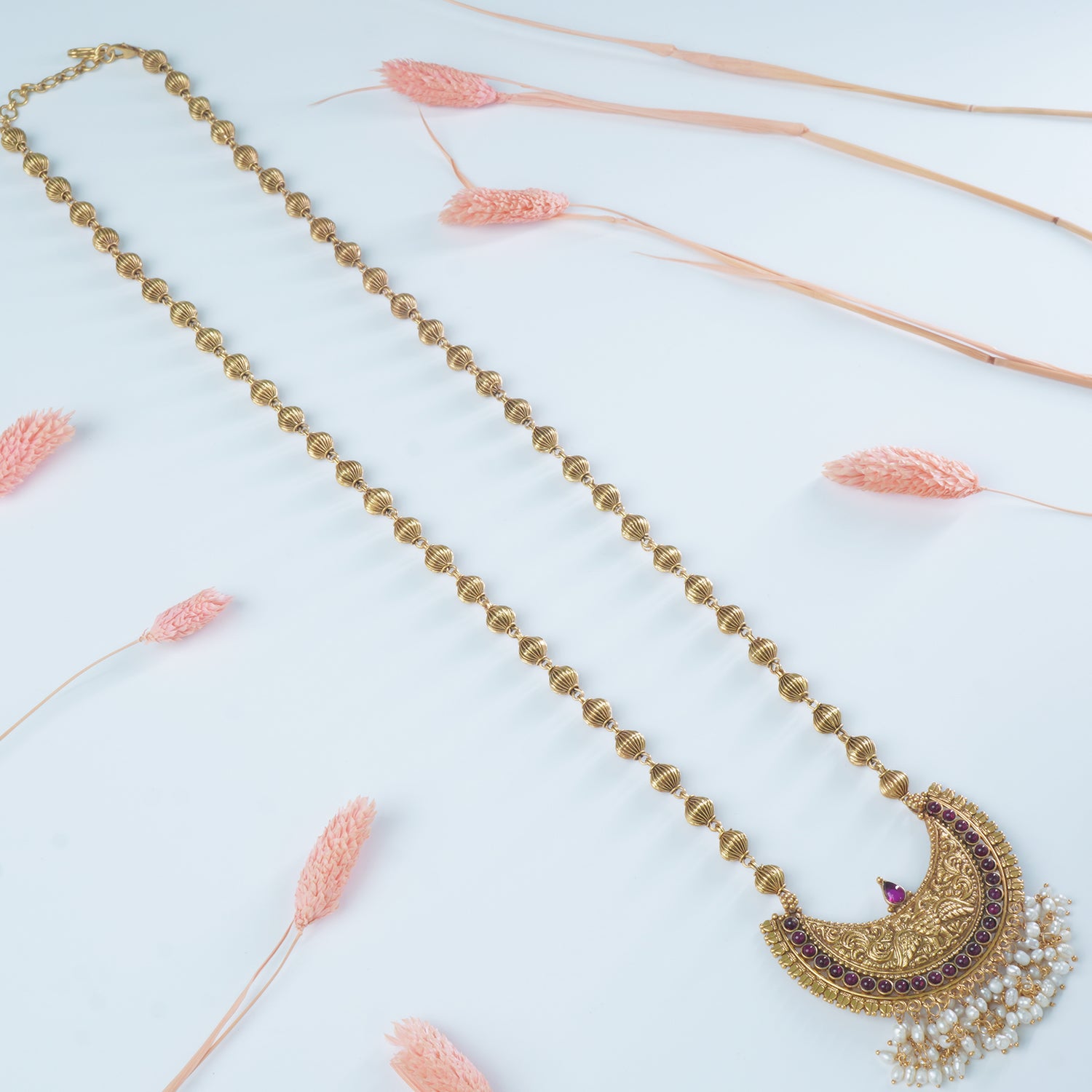 Gold plated long silver chain necklace with peacock pendant