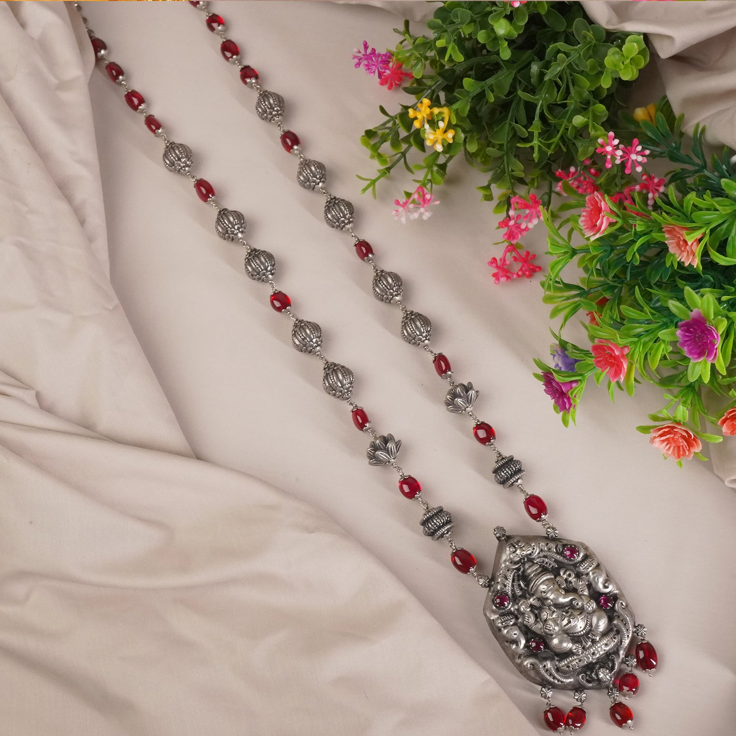 Long Silver Nagashi Ganesha Necklace (Nakshi Ganesha Silver Necklace)