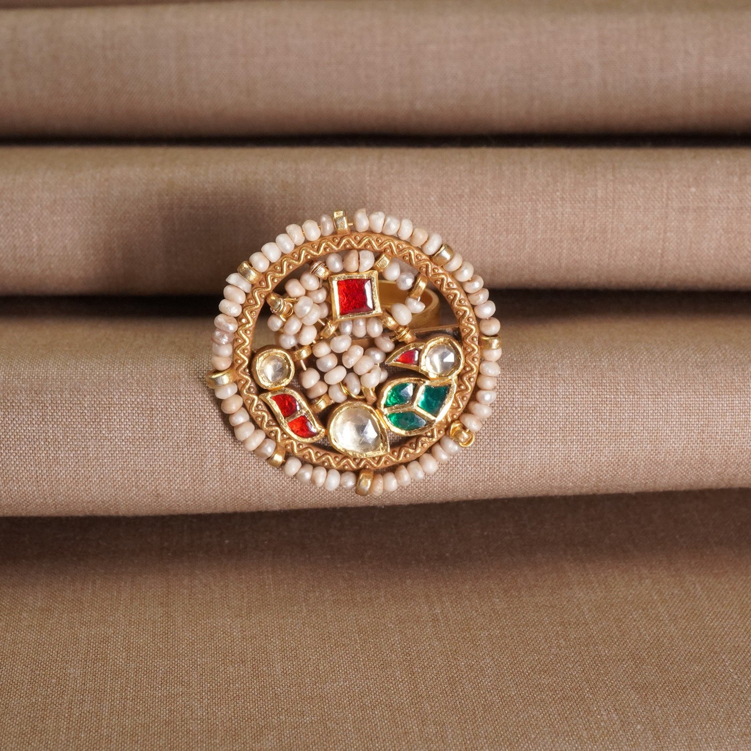 Adjustable Gold Plated Silver Jadau Kundan Peacock Ring