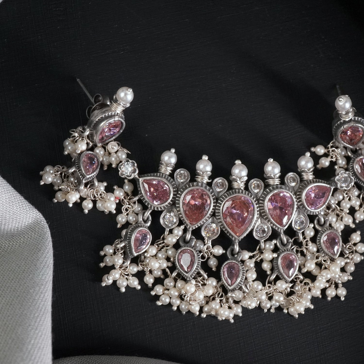 Silver Fuchsia Tanmani Small 5 Paa Pendant With Earrings