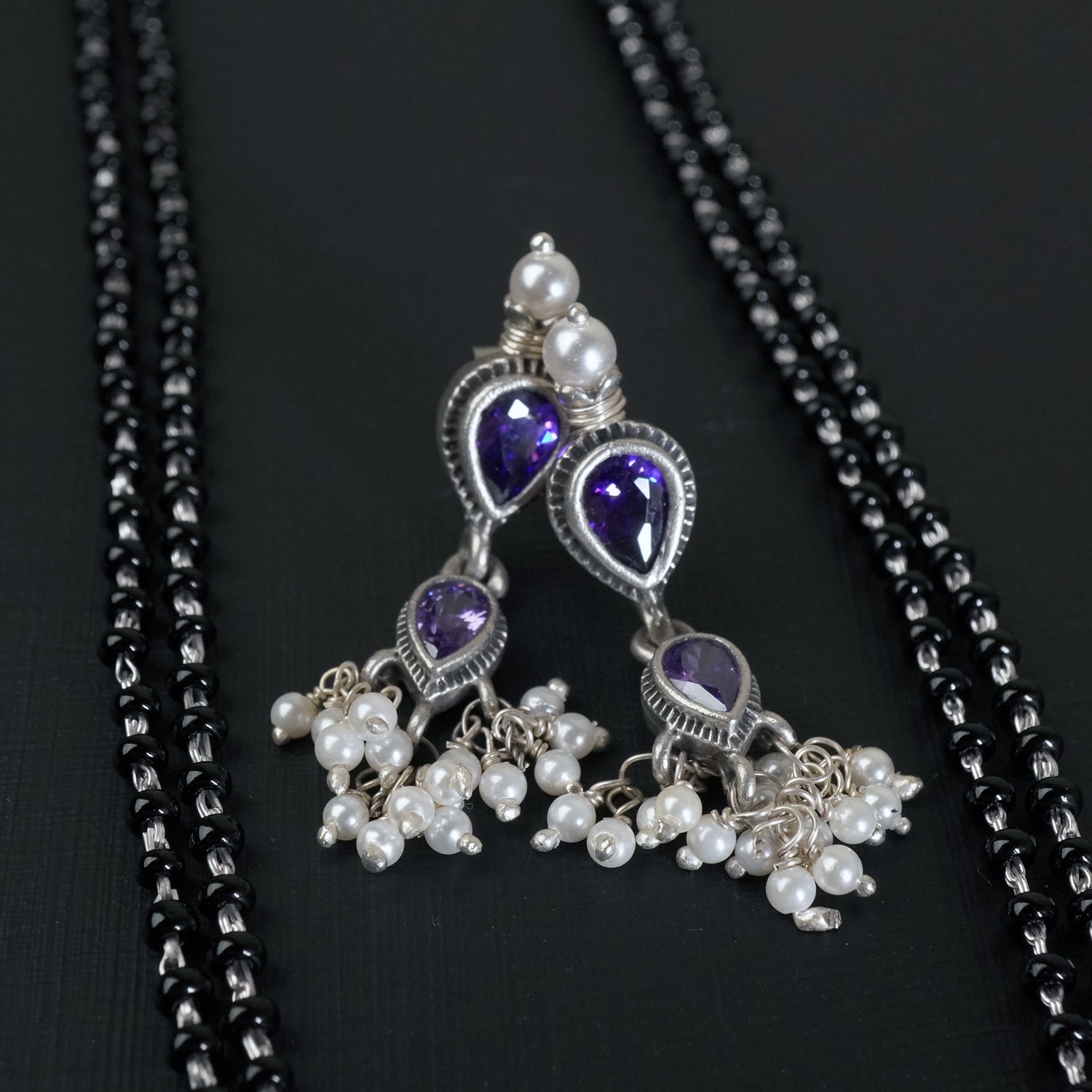 Silver Chain Mangalsutra With Amethyst Tanmani Pendant And Earrings- 28"