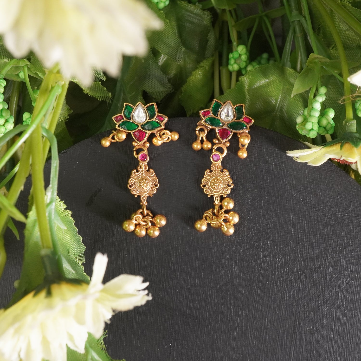 Gold Plated Kamal Kundan Saaj Earrings Green