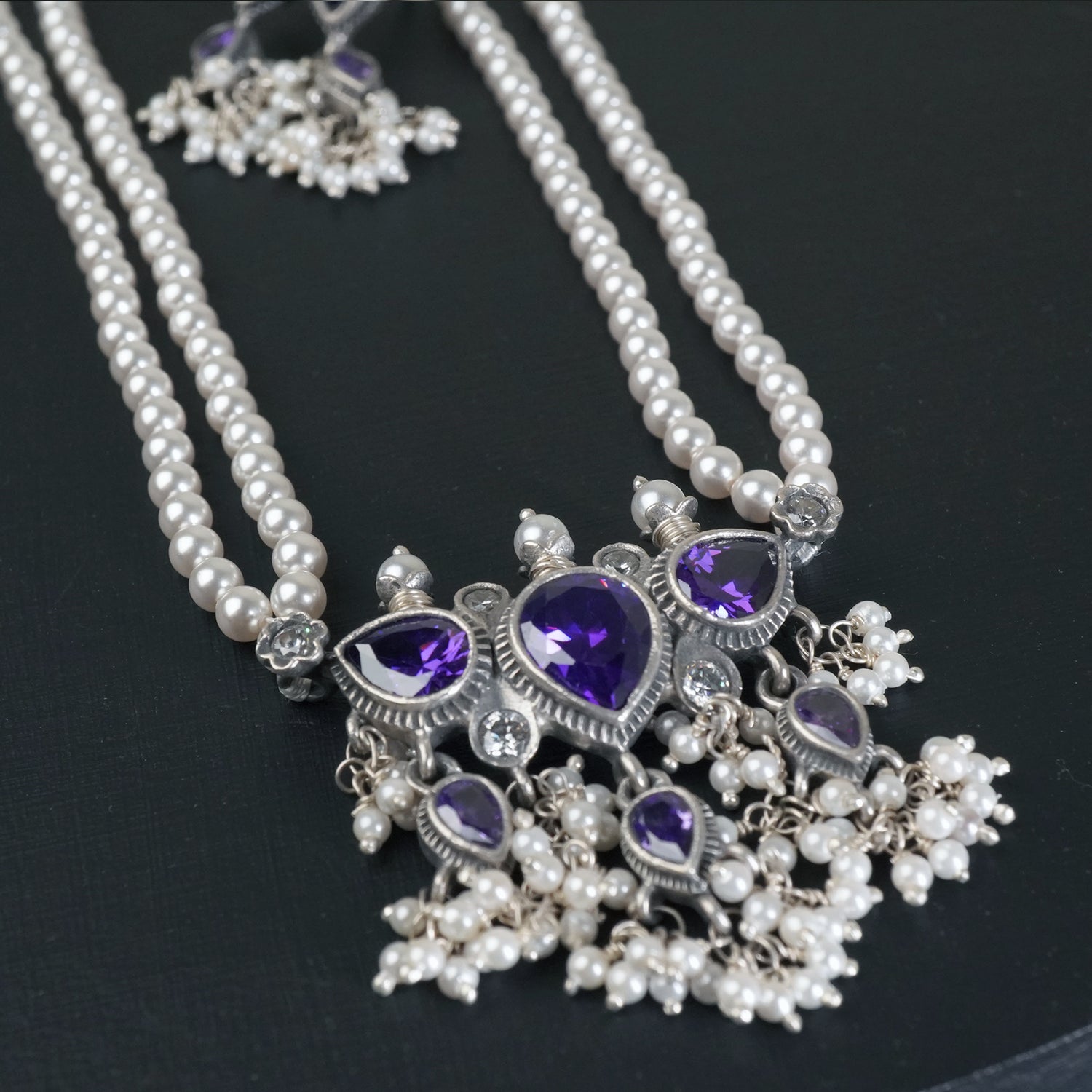 Minimal Silver Tanmani With Amethyst Tanmani Pendant And Matching Earrings