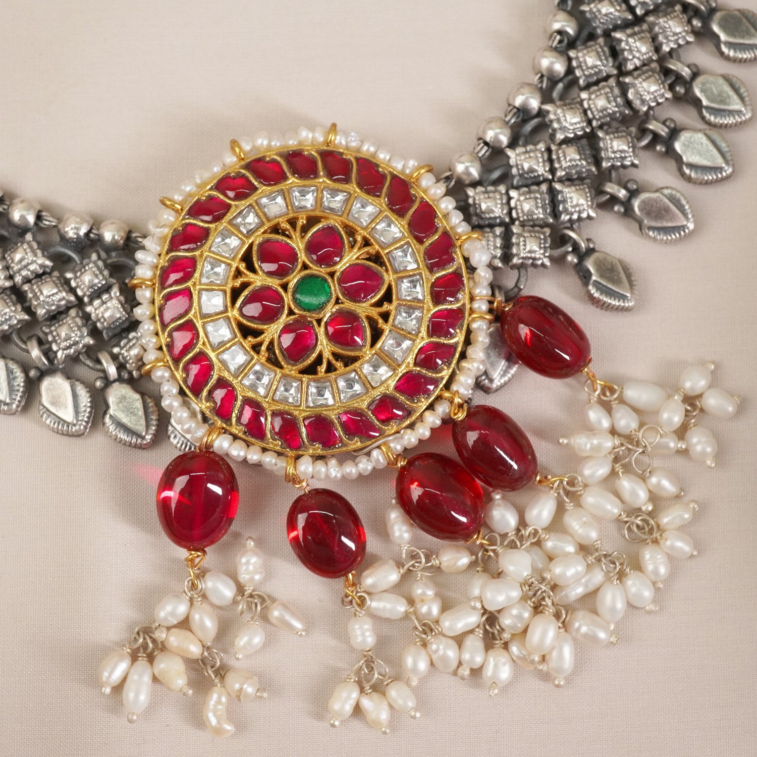 Silver Dual Tone Jadau Kundan Necklace With Pearl Latkans