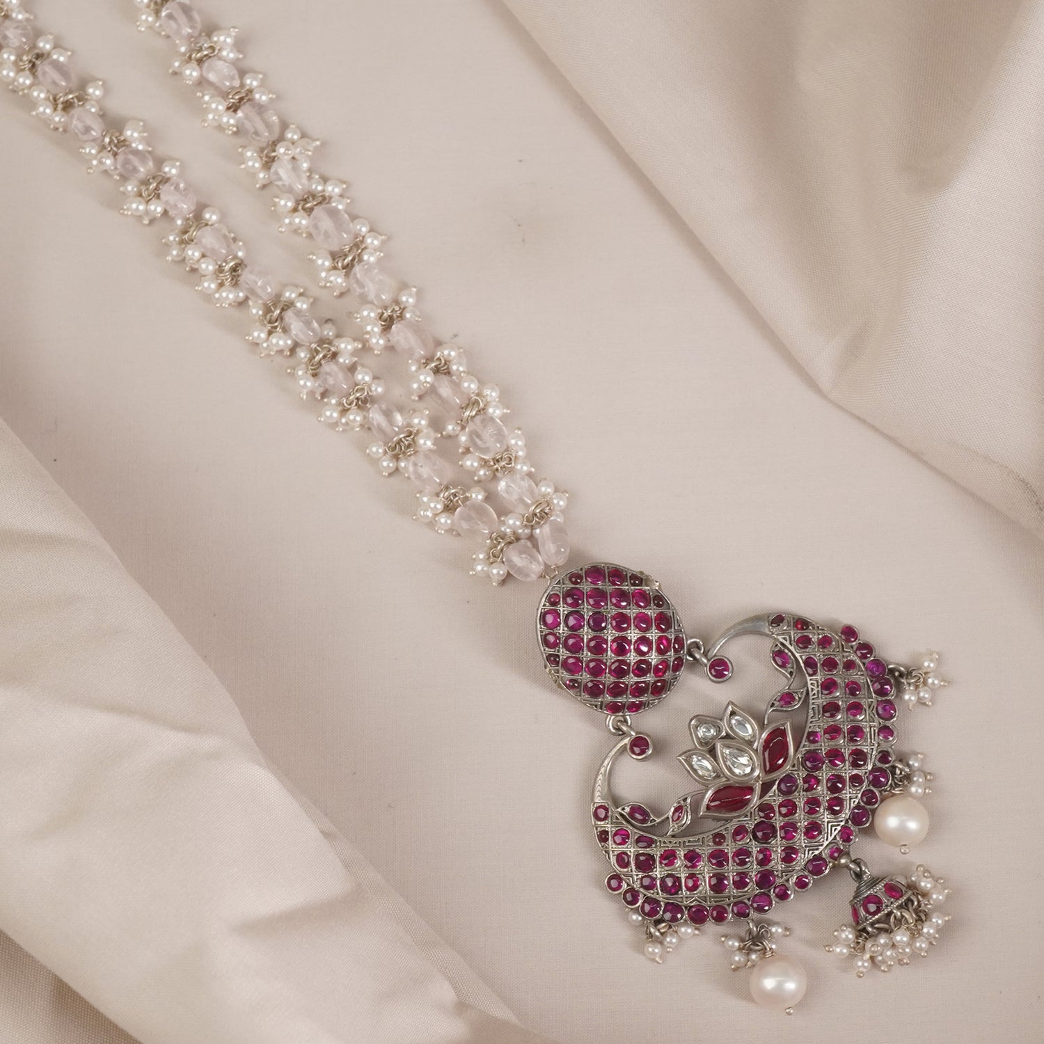 Long Silver Pearl Bunch Necklace