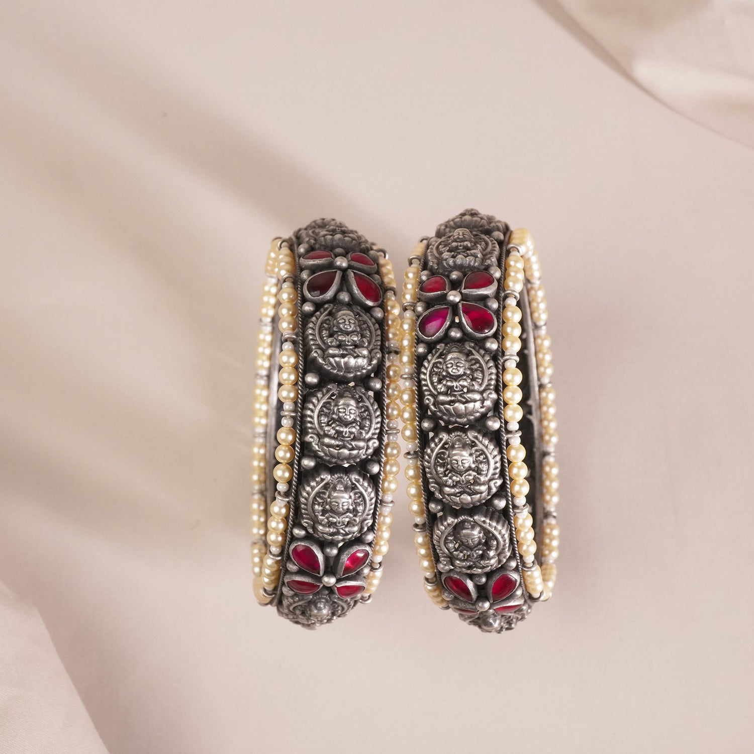 Silver Laxmi Bangles With Pearls (PAIR)