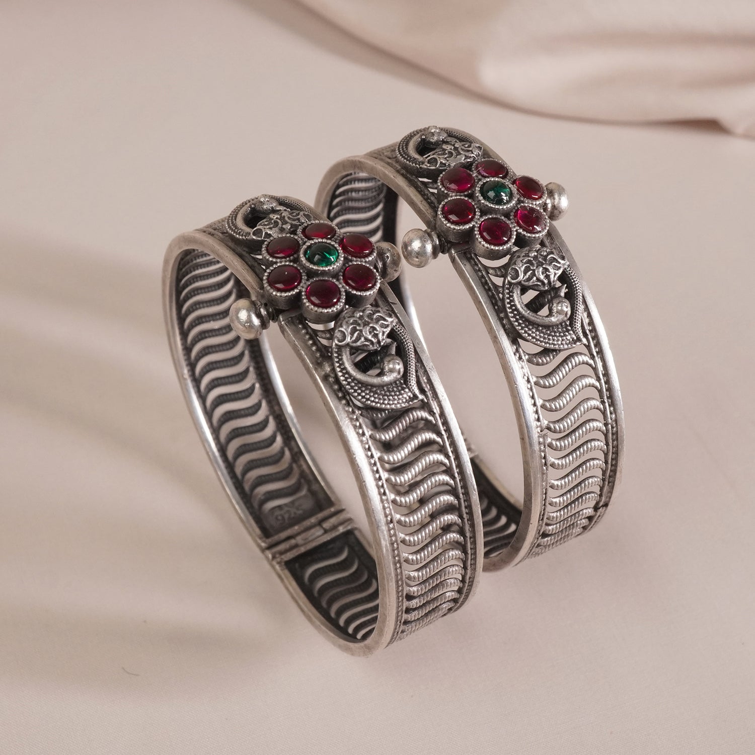 Silver Peacock Bangles Red Kemp Stones. (1 Pair)