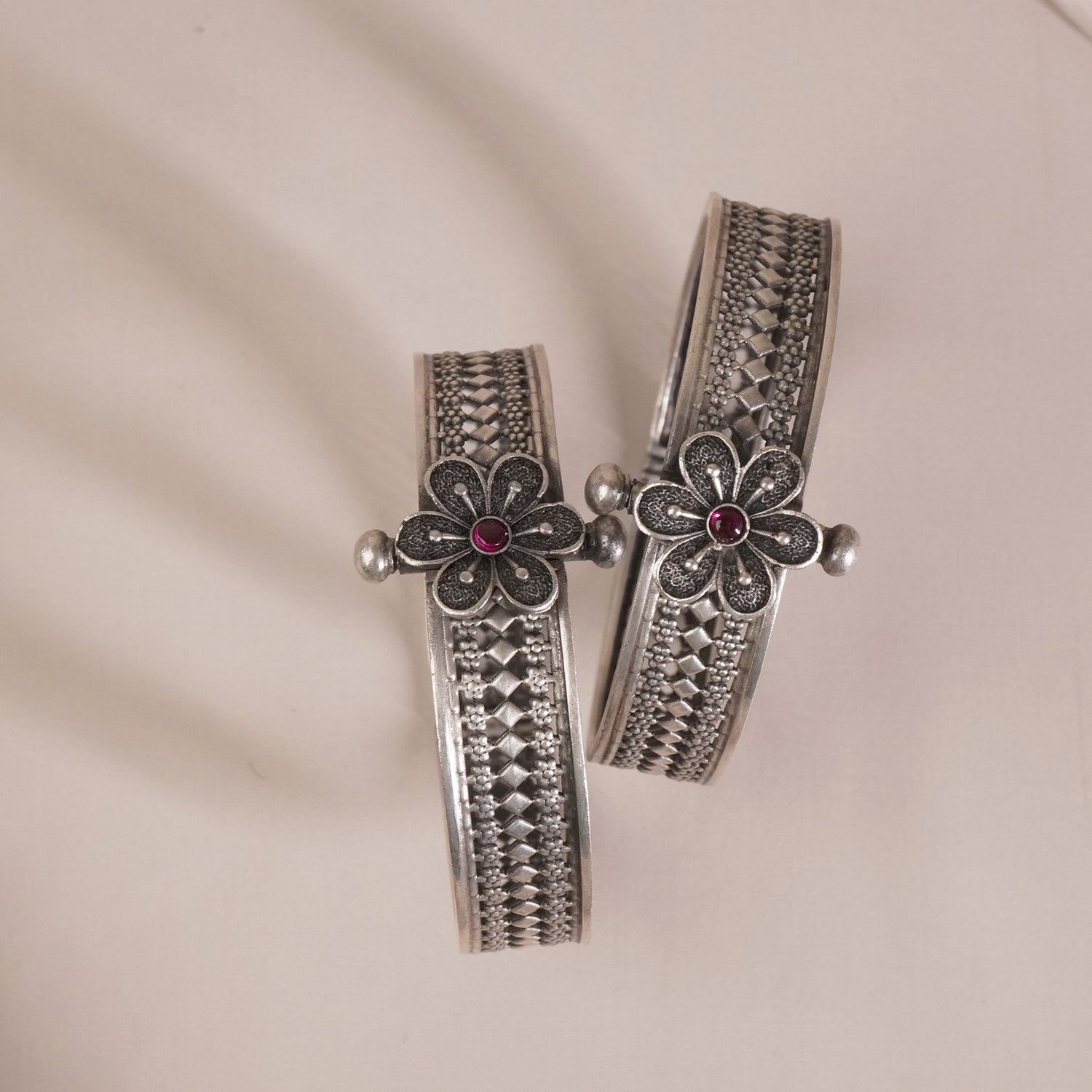 Silver Bangles Design With Red & Green Kemp Stones. (1 Pair) (Copy)