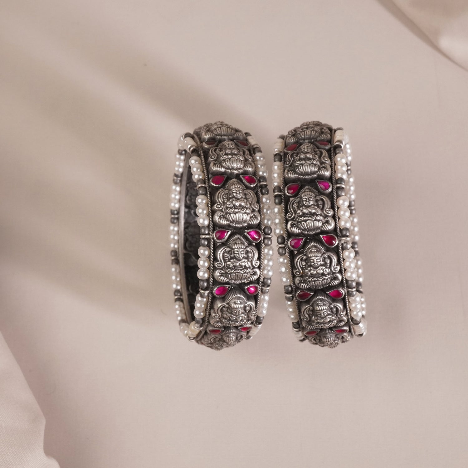 Silver Nagas Laxmi Bangles With Pearls (PAIR)