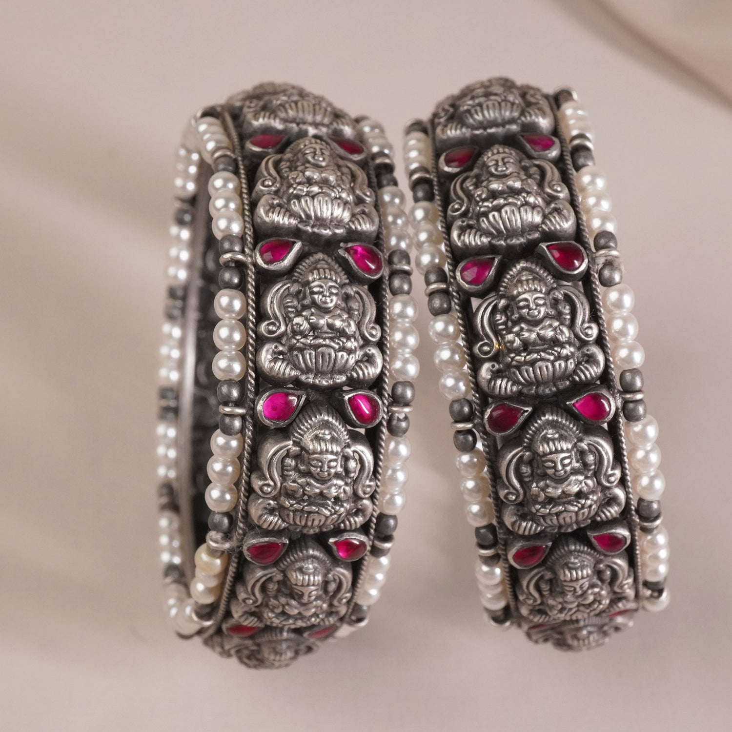 Silver Nagas Laxmi Bangles With Pearls (PAIR)