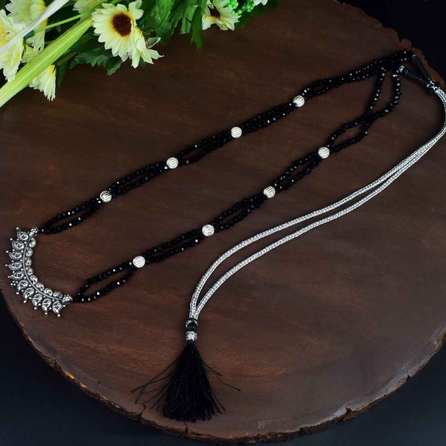 Black Crystal Necklace Silver Peacock