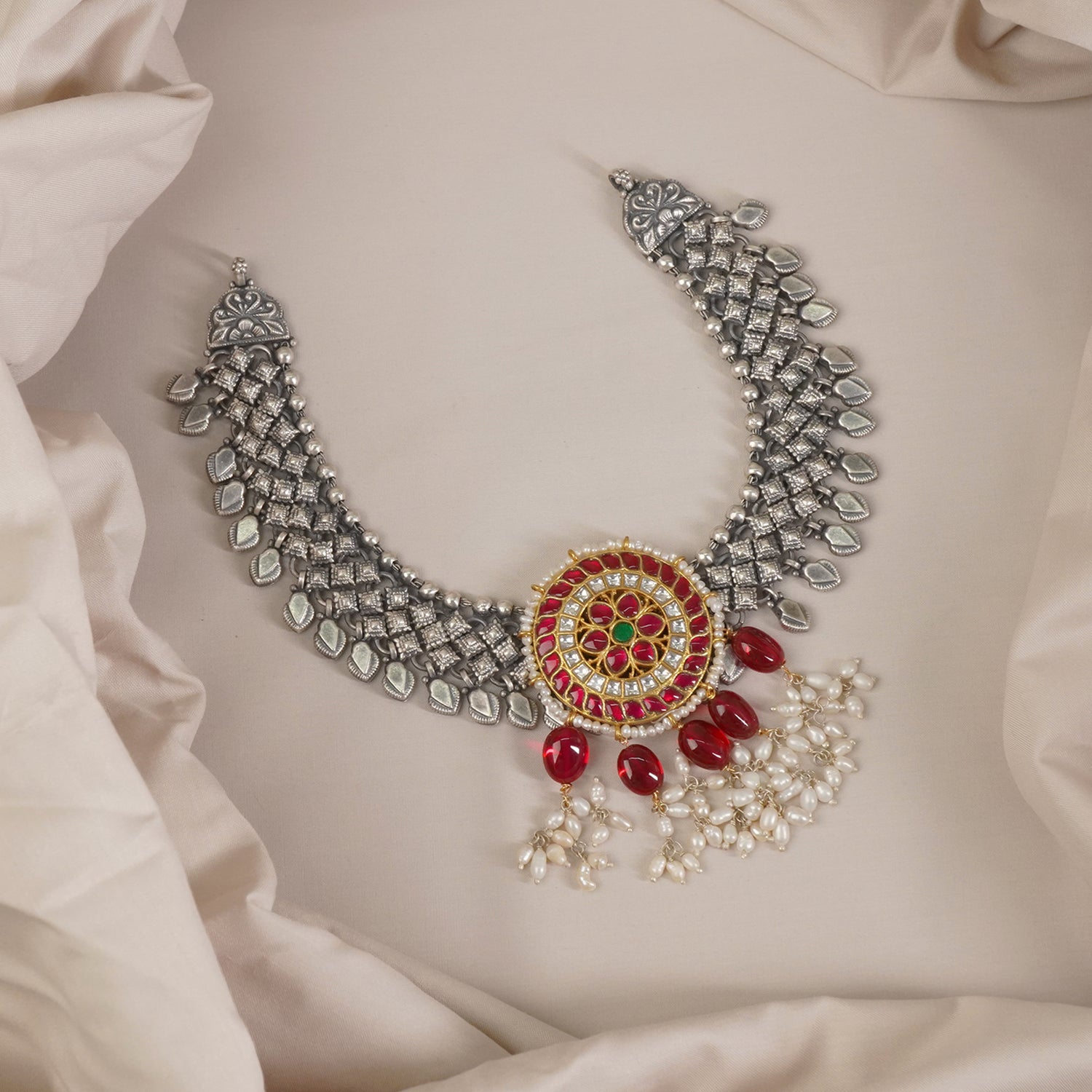 Silver Dual Tone Jadau Kundan Necklace With Pearl Latkans