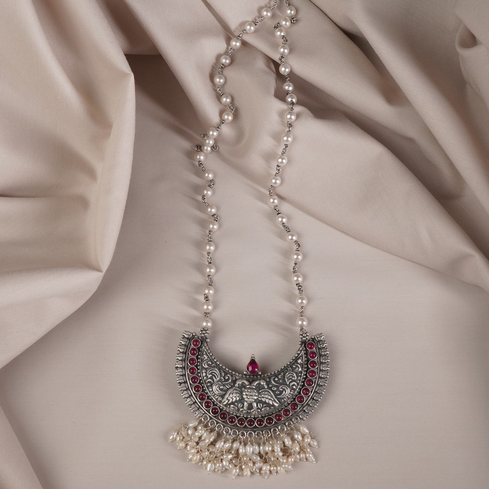 Silver Long Pearl Chain Necklace Drishyam Peacock