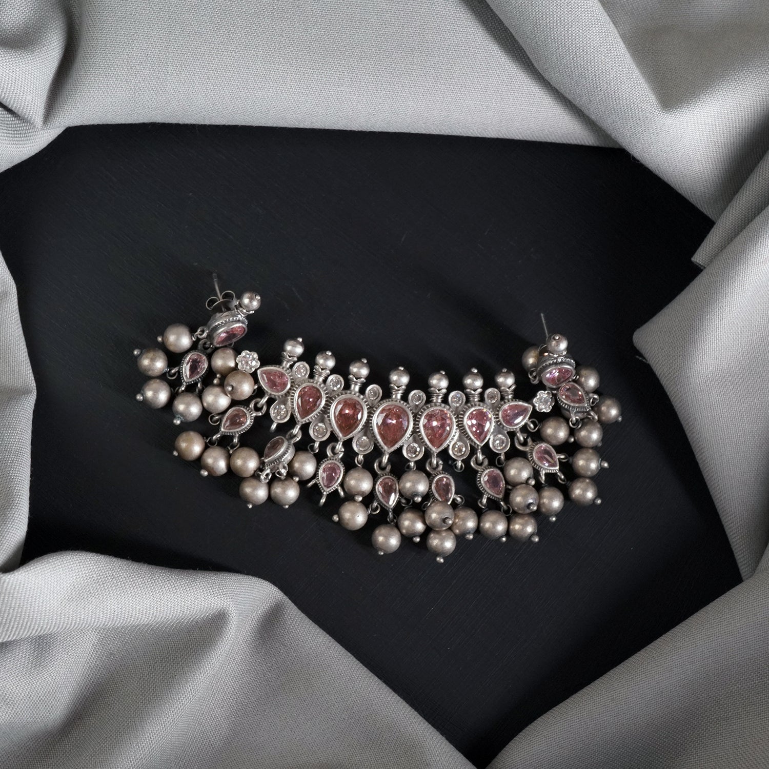 Silver Tanmani Pendant With Earrings And Silver Beads