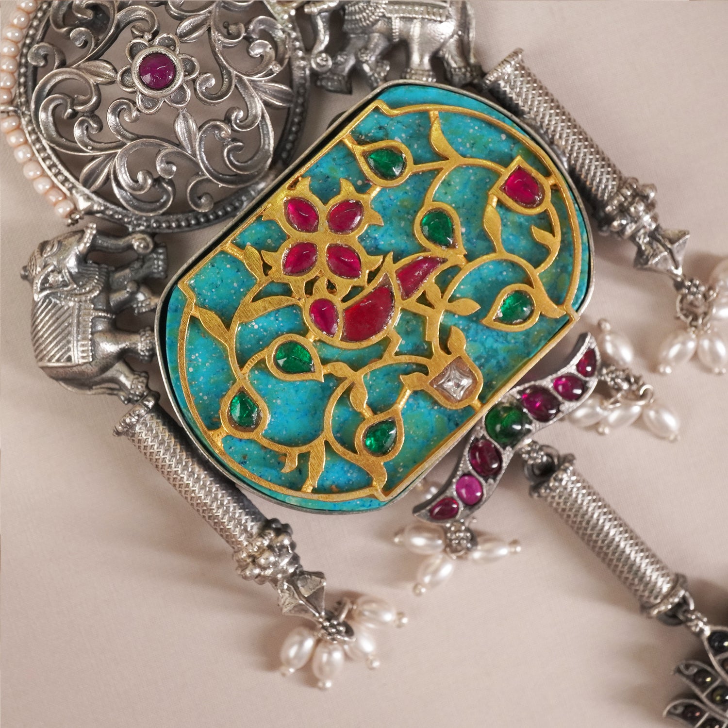Silver Blue Kundan Carving Pendant