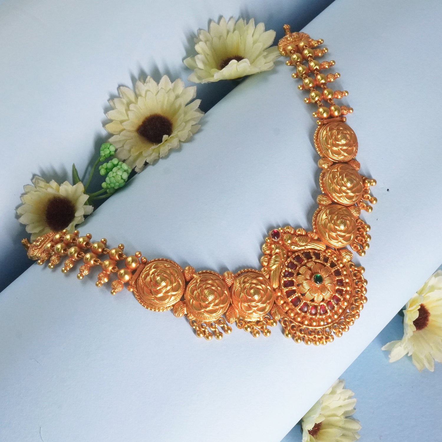 Pure Silver Gheru Finish Gold Plated Flower Pota Necklace