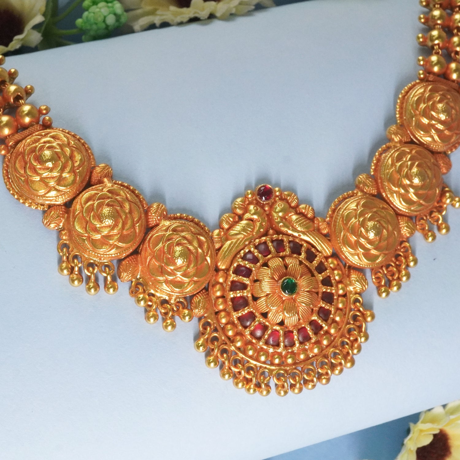Pure Silver Gheru Finish Gold Plated Flower Pota Necklace