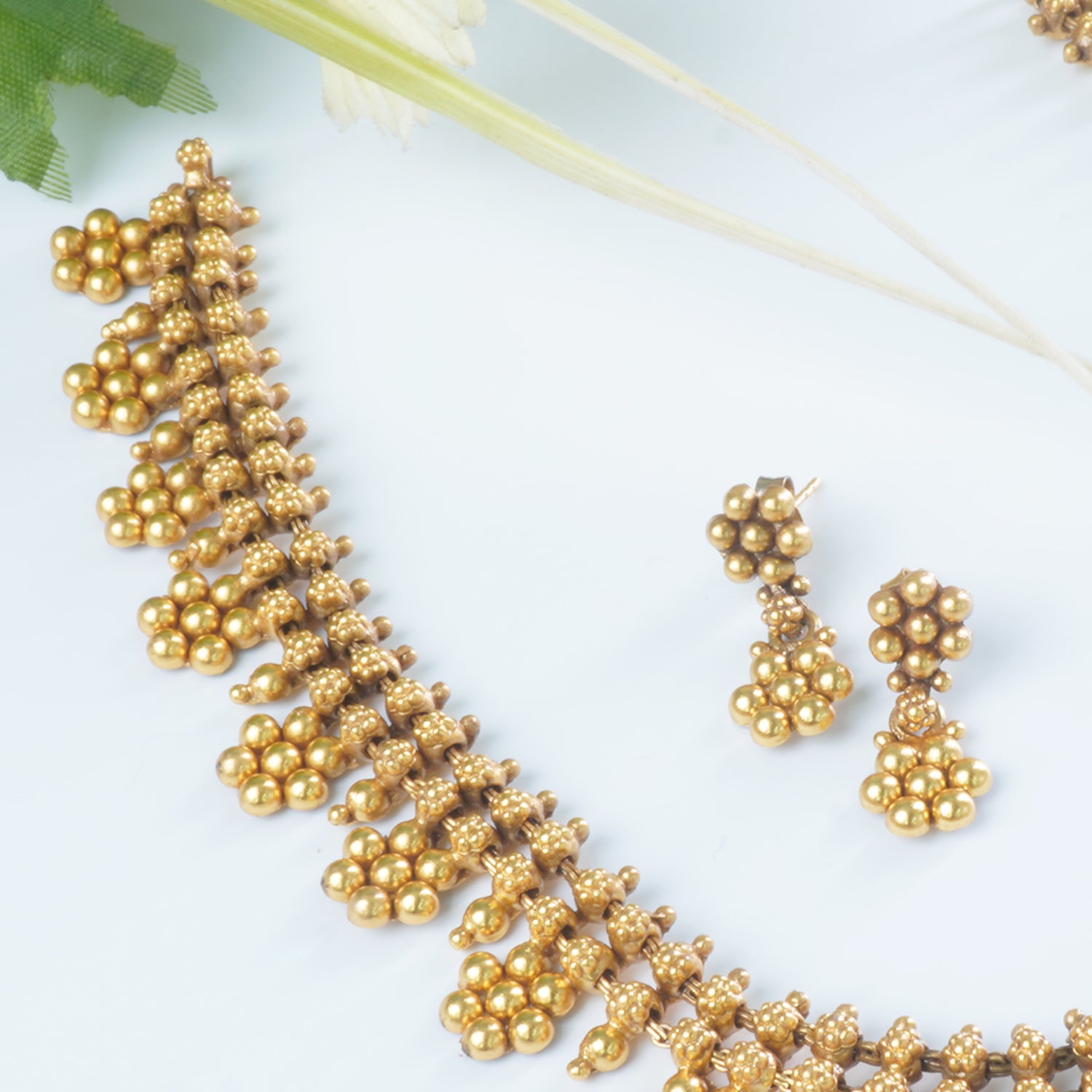 Antique Gold Plated Silver Kolhapuri Kudi Chain Necklace With Earrings