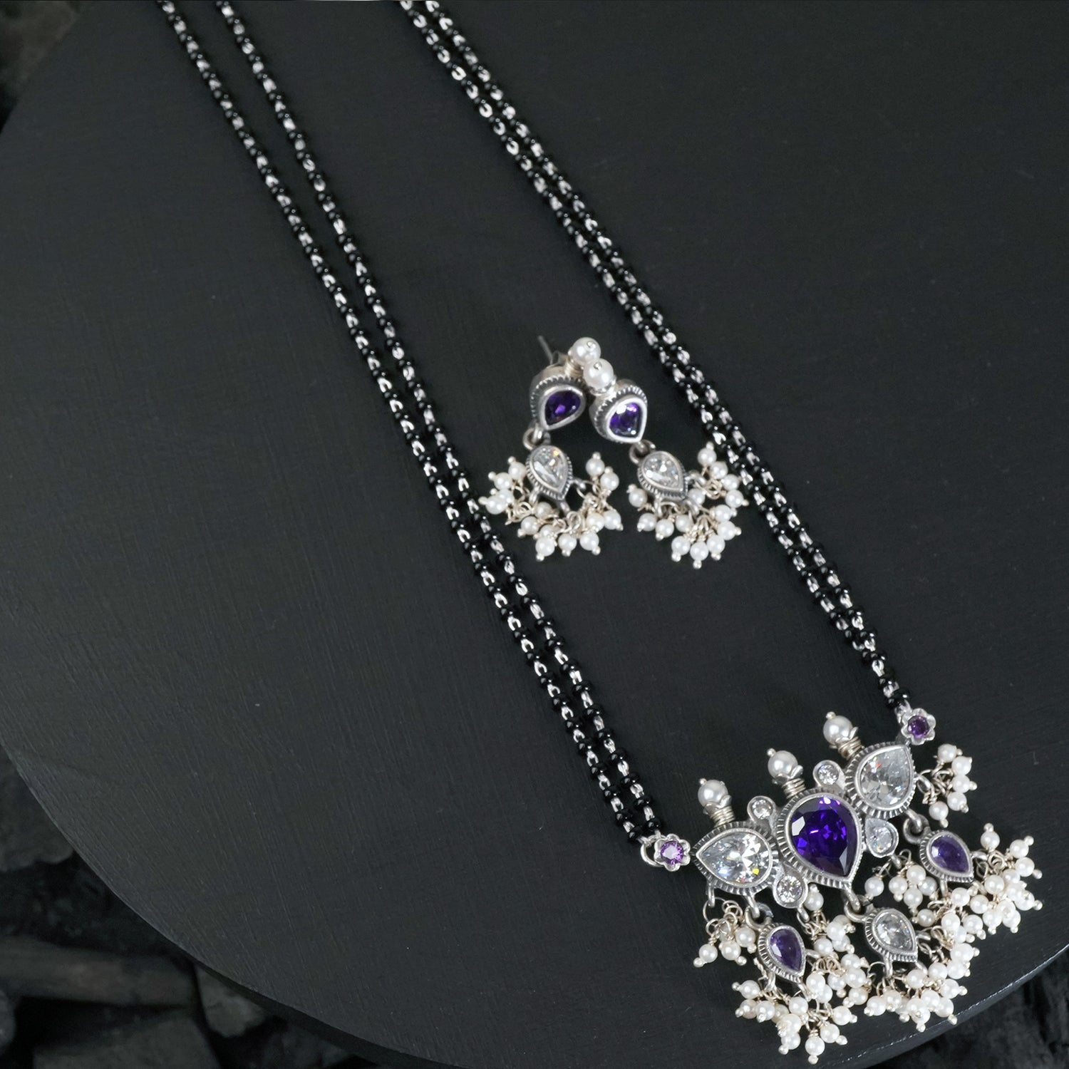 Silver Chain Mangalsutra With Amethyst White Tanmani Pendant And Earrings