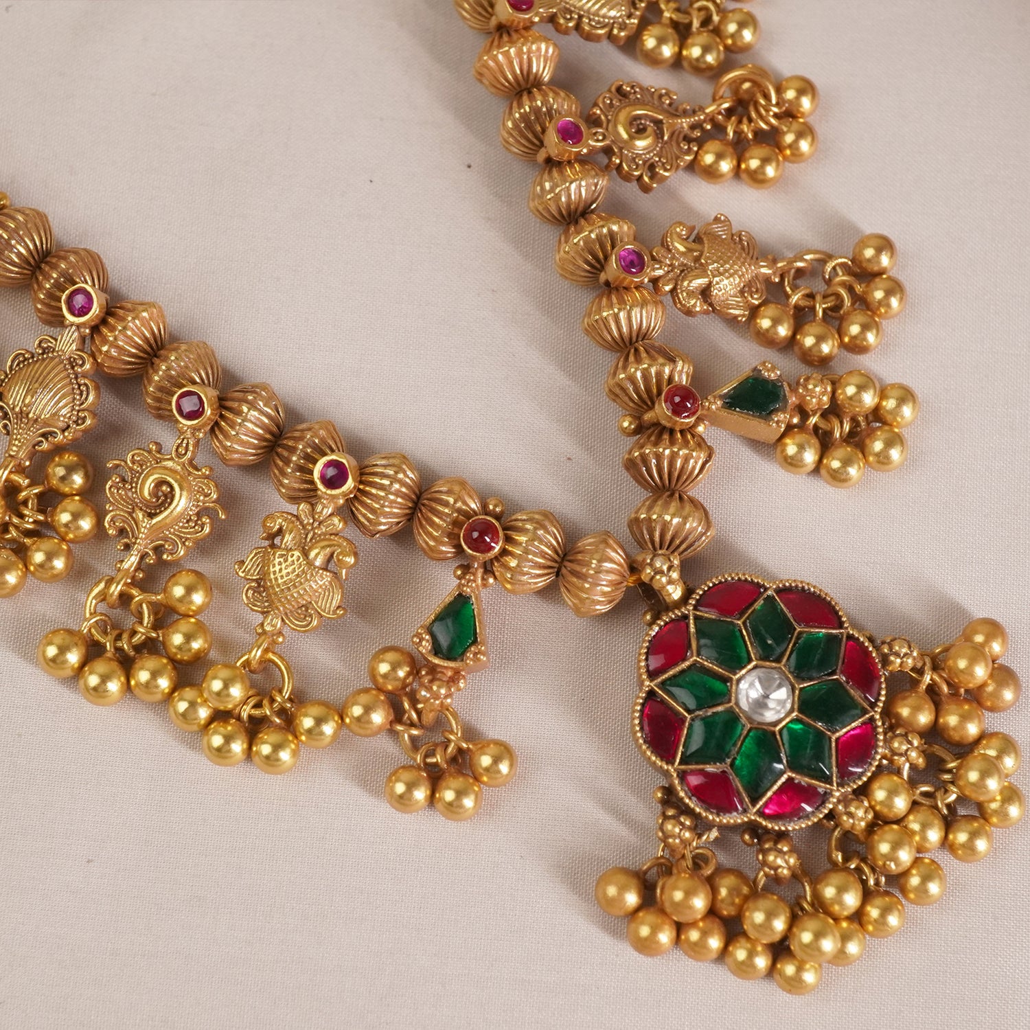 Antique Gold Plated Silver Kolhapuri Saaj with Jadau Pendant