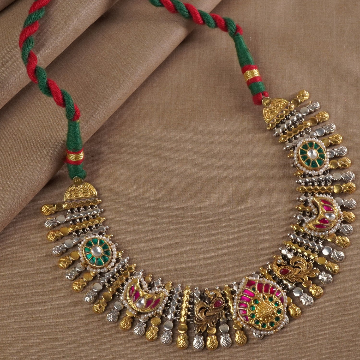 Dual Tone Tribal Finish Silver Kundan Necklace