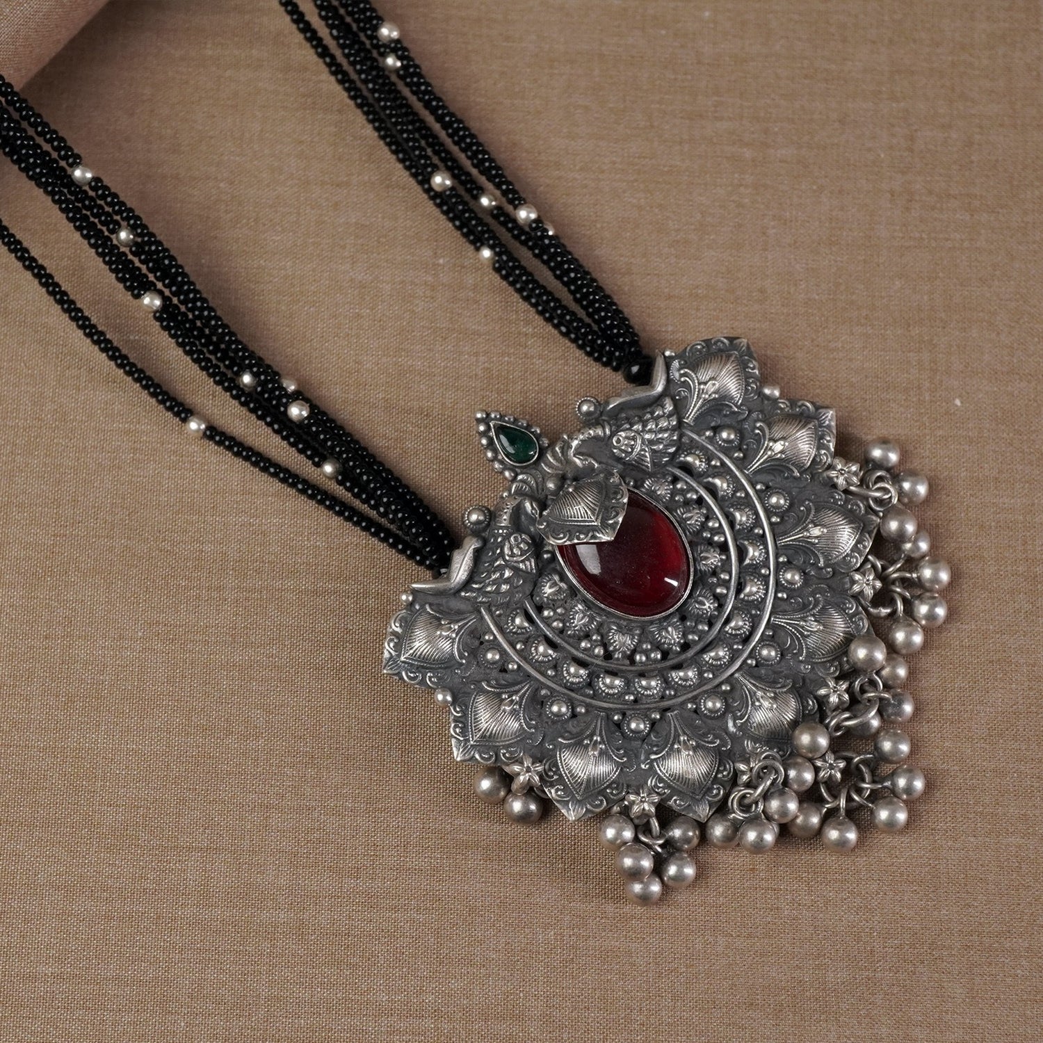 Long Silver Black Beads Kolhapuri Mangalsutra Saaj Peacock