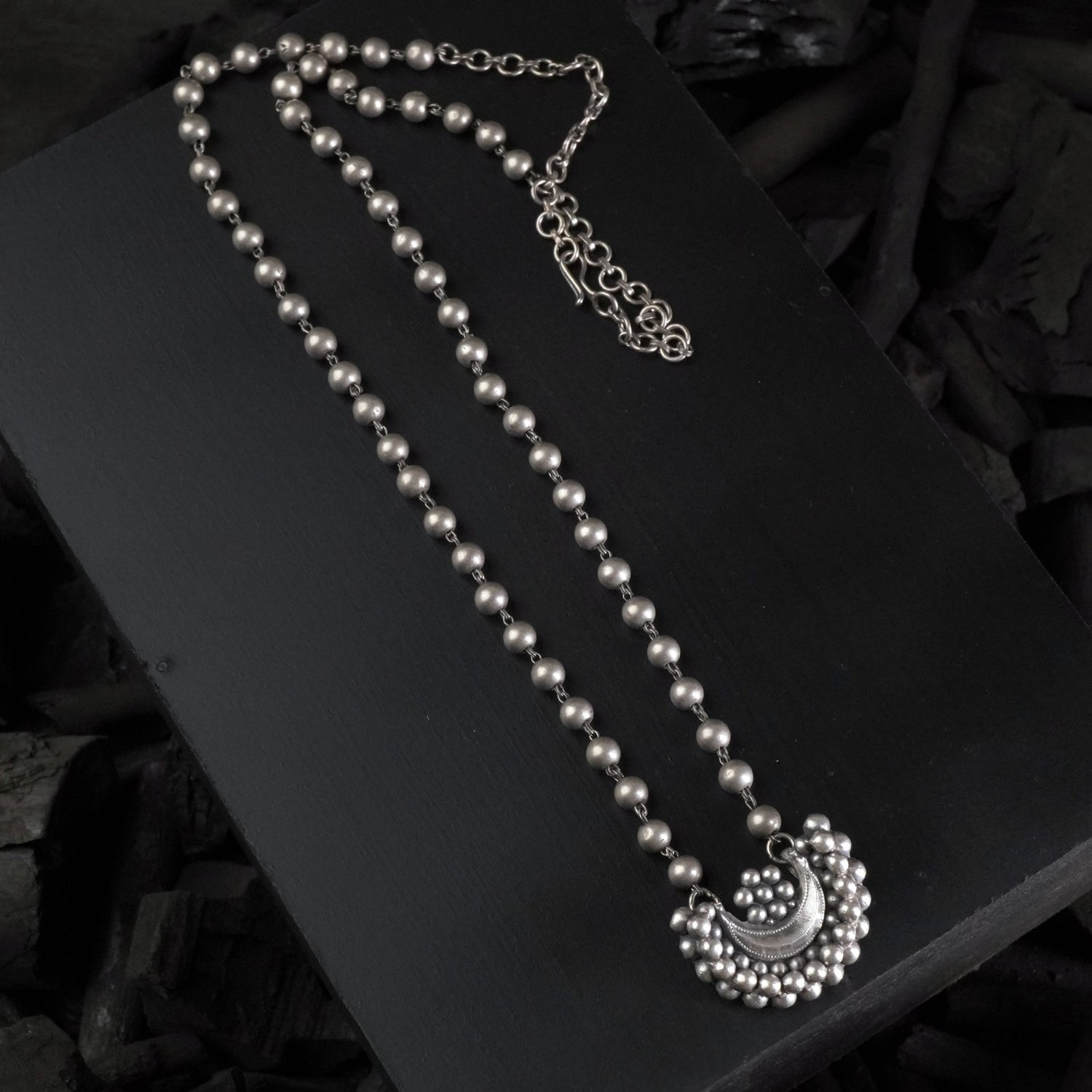 Long Silver Chain Necklace With Chand Kudi Pendant