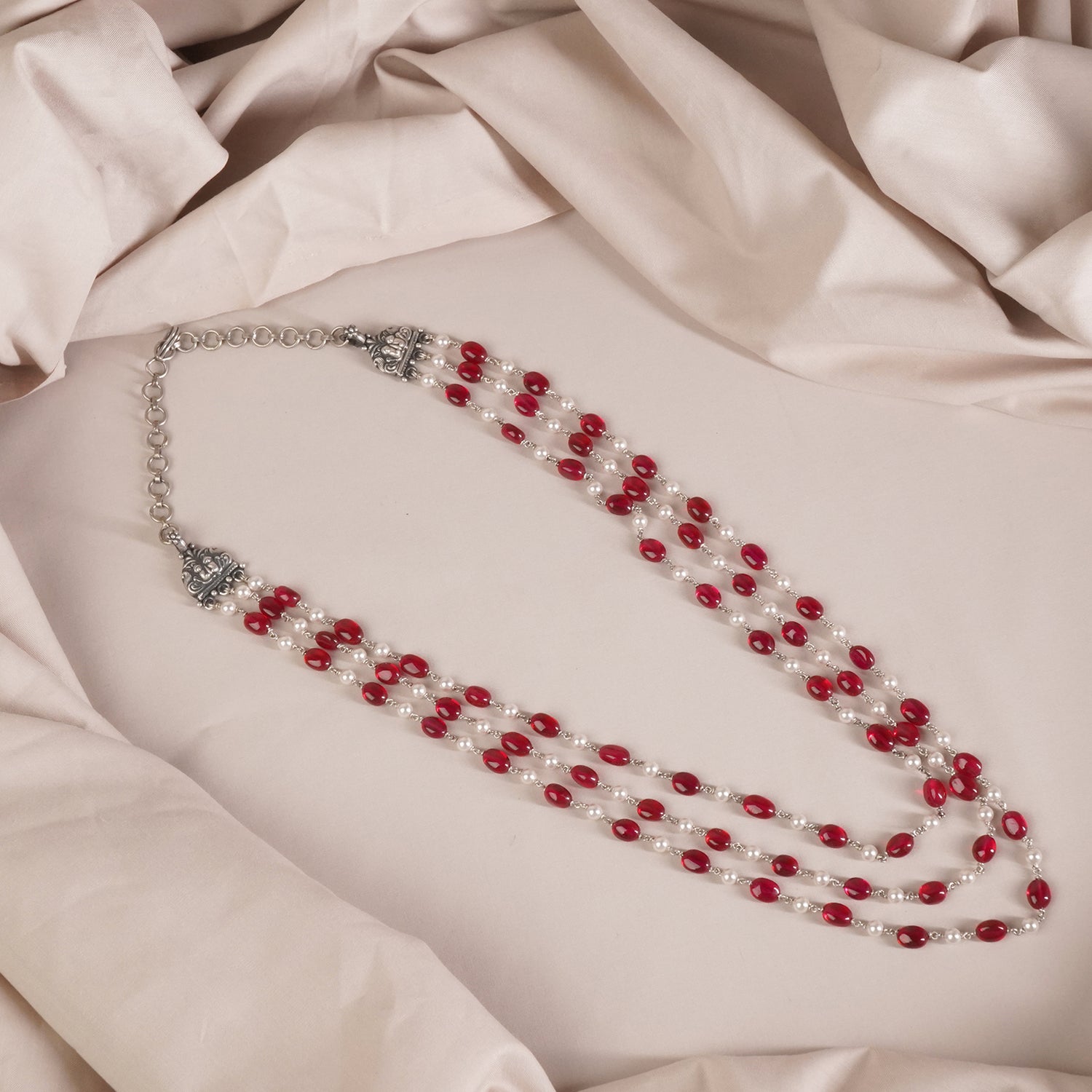 Pearl Silver Red Pota Beads Necklace Design In 3 Layers