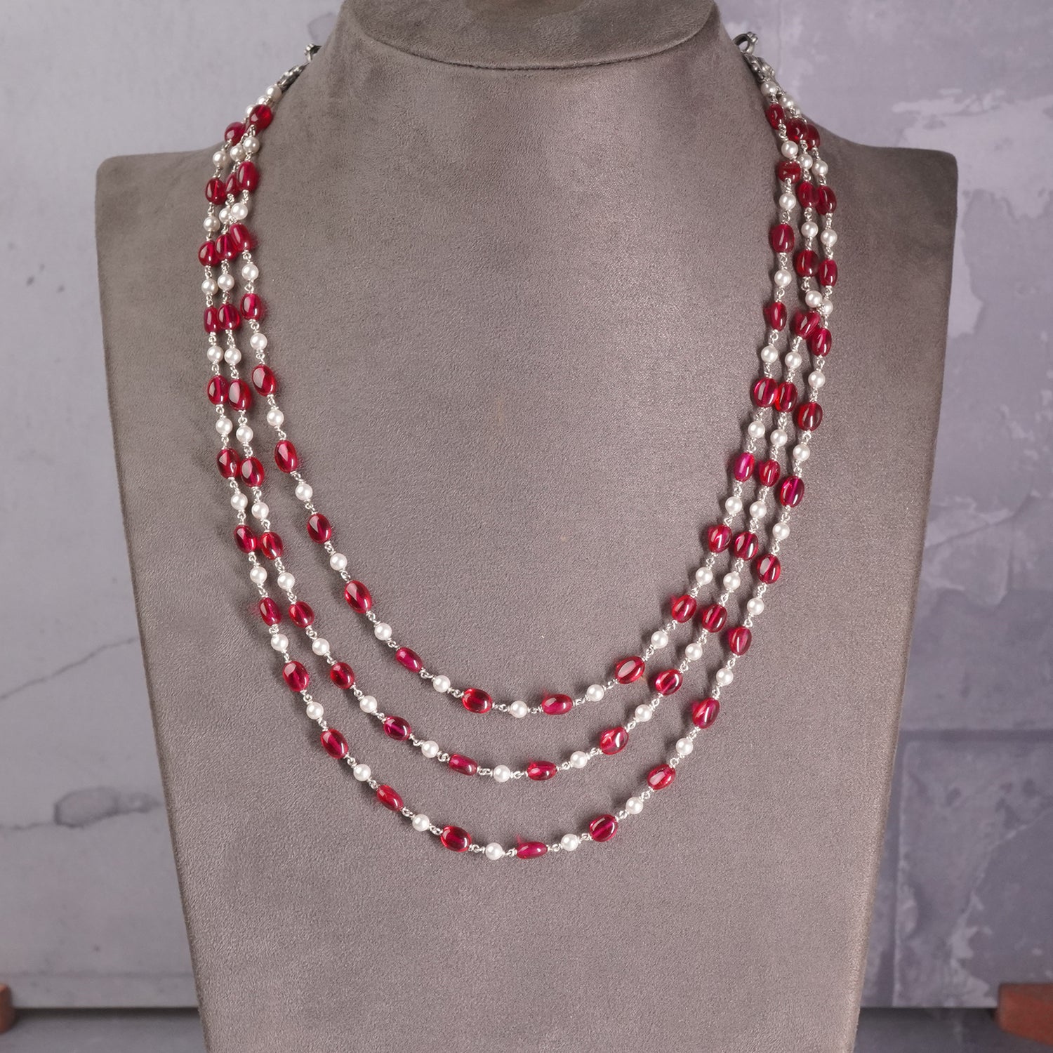 Pearl Silver Red Pota Beads Necklace Design In 3 Layers
