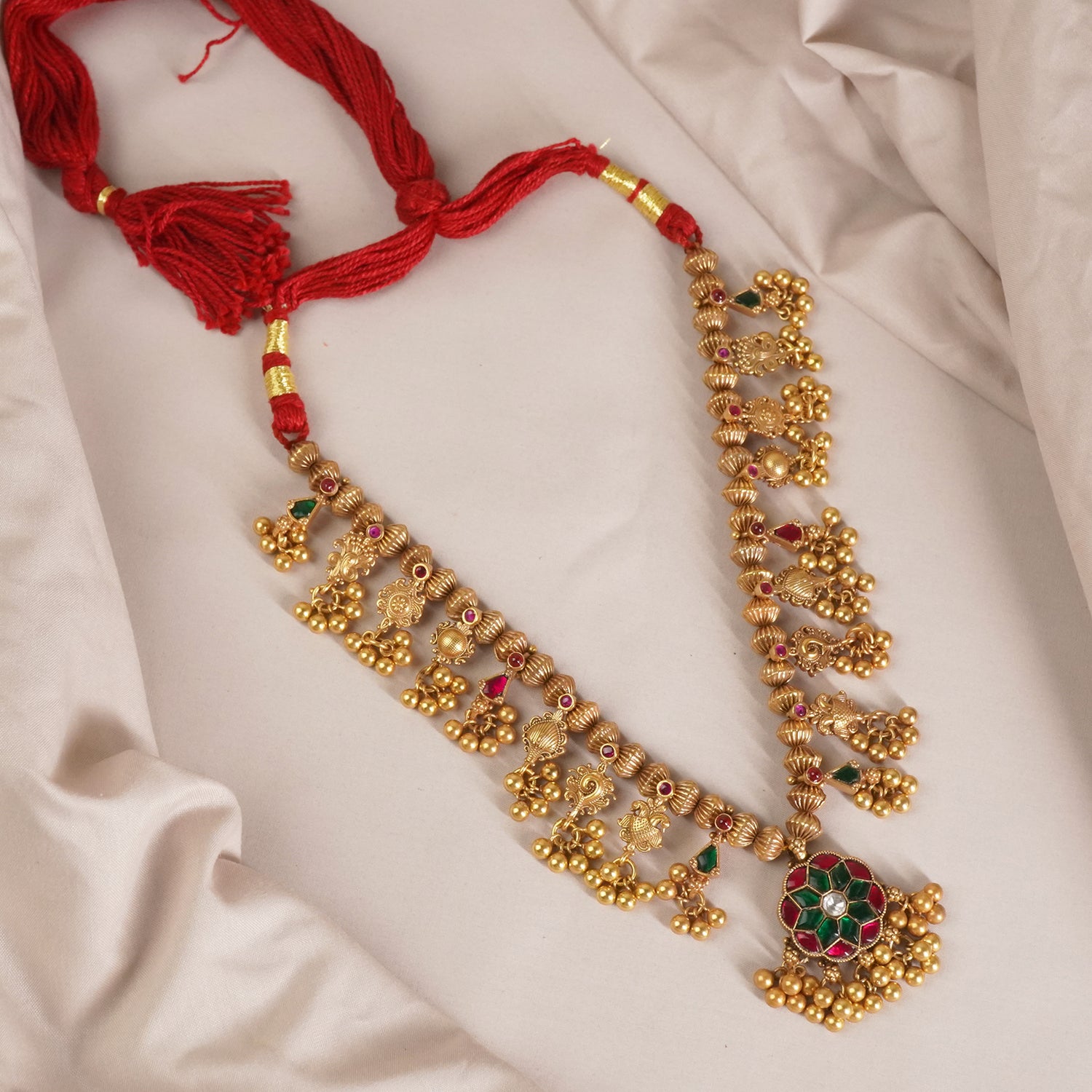 Antique Gold Plated Silver Kolhapuri Saaj with Jadau Pendant