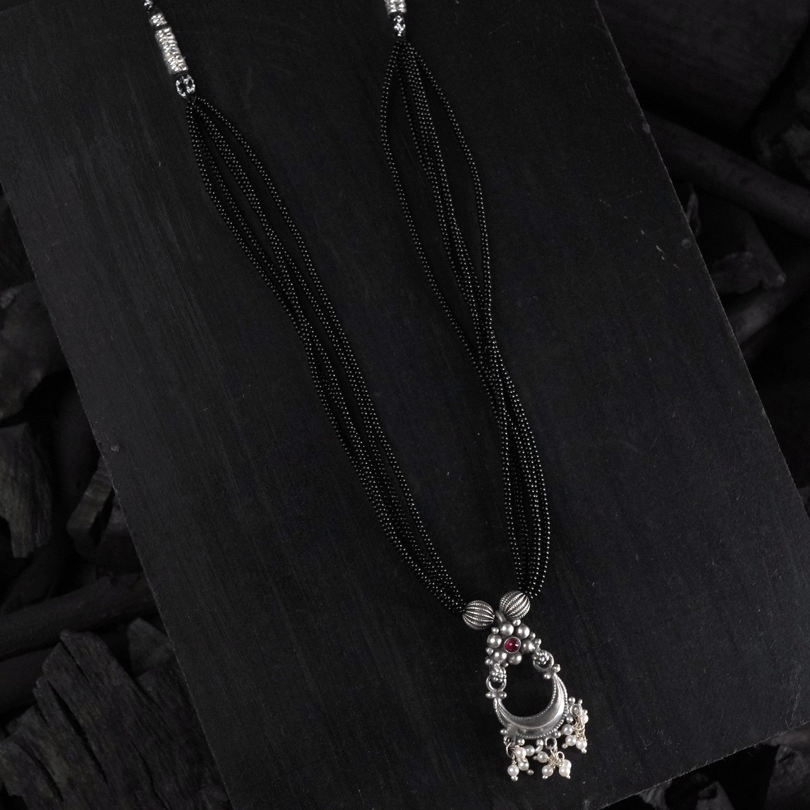 Minimal Silver Black Beads mangalsutra Chandbali Pendant