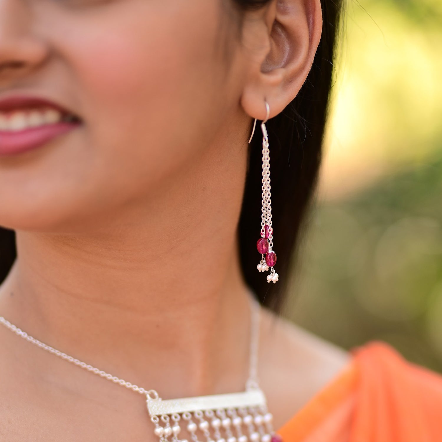 Minimal Silver Red Beads Danglers
