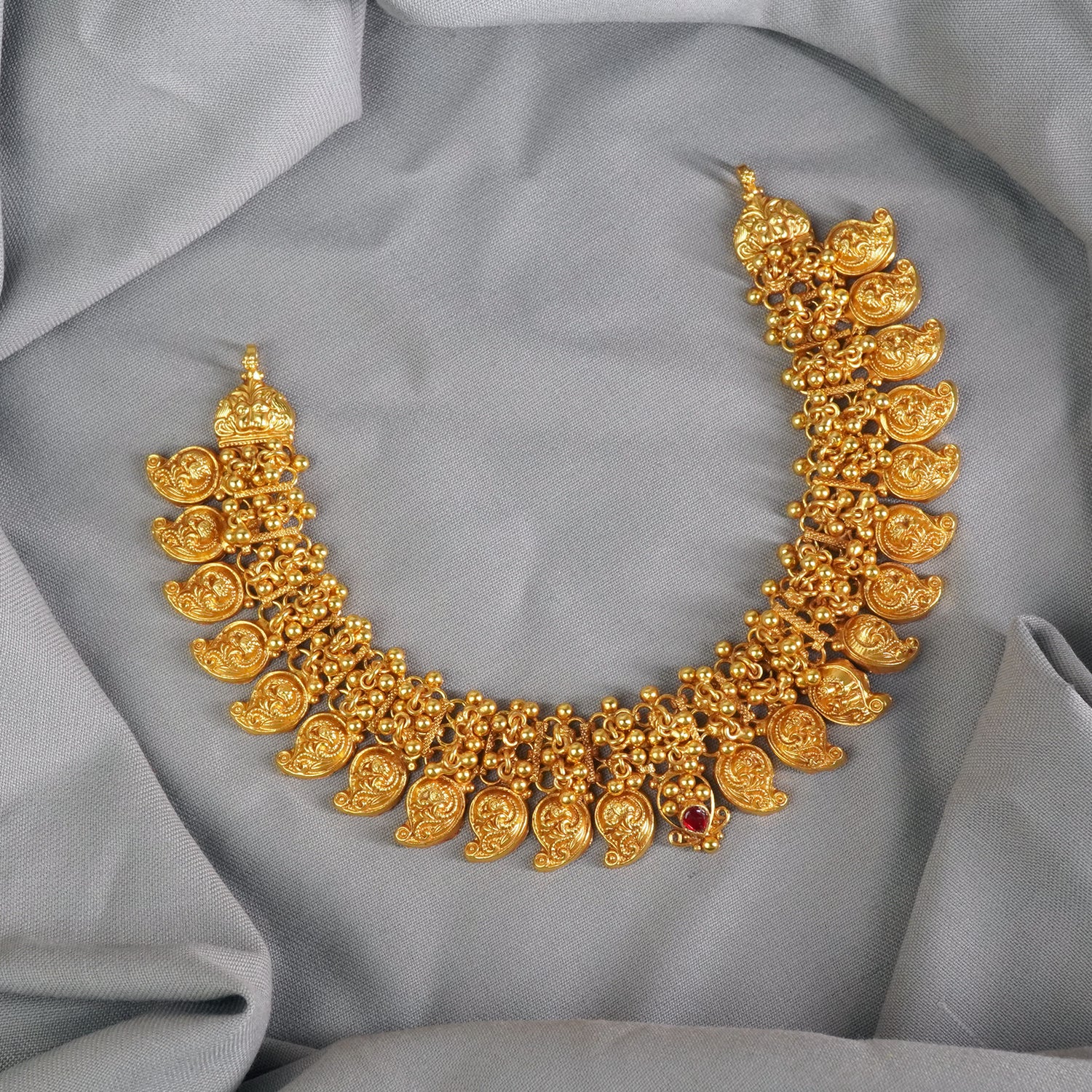 Pure Silver Matt Gheru Finish Gold Plated Ghungroo Peacock Necklace