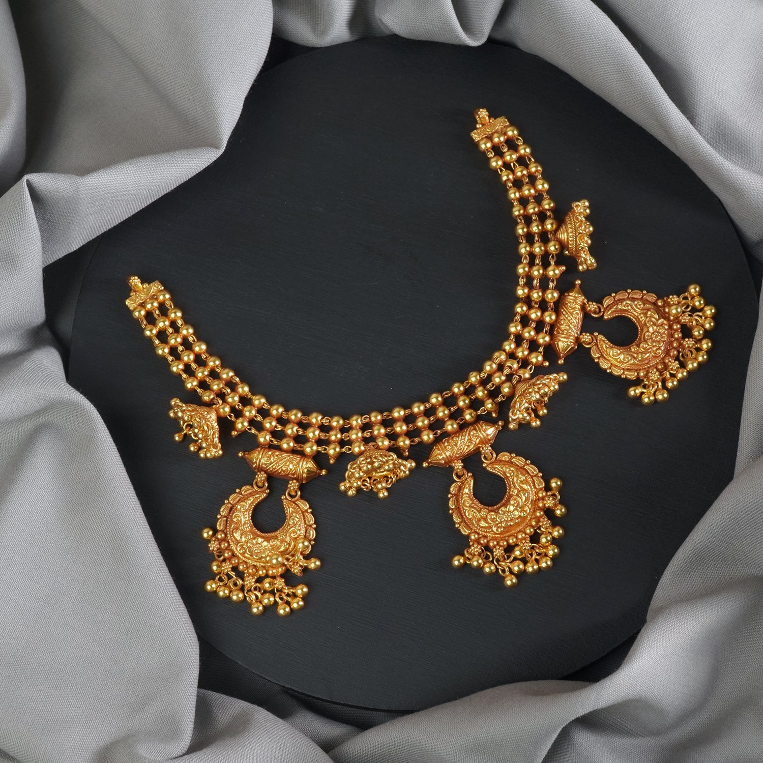 Pure Silver Gold Plated Matt Gheru Finish Necklace Chandrakor Design