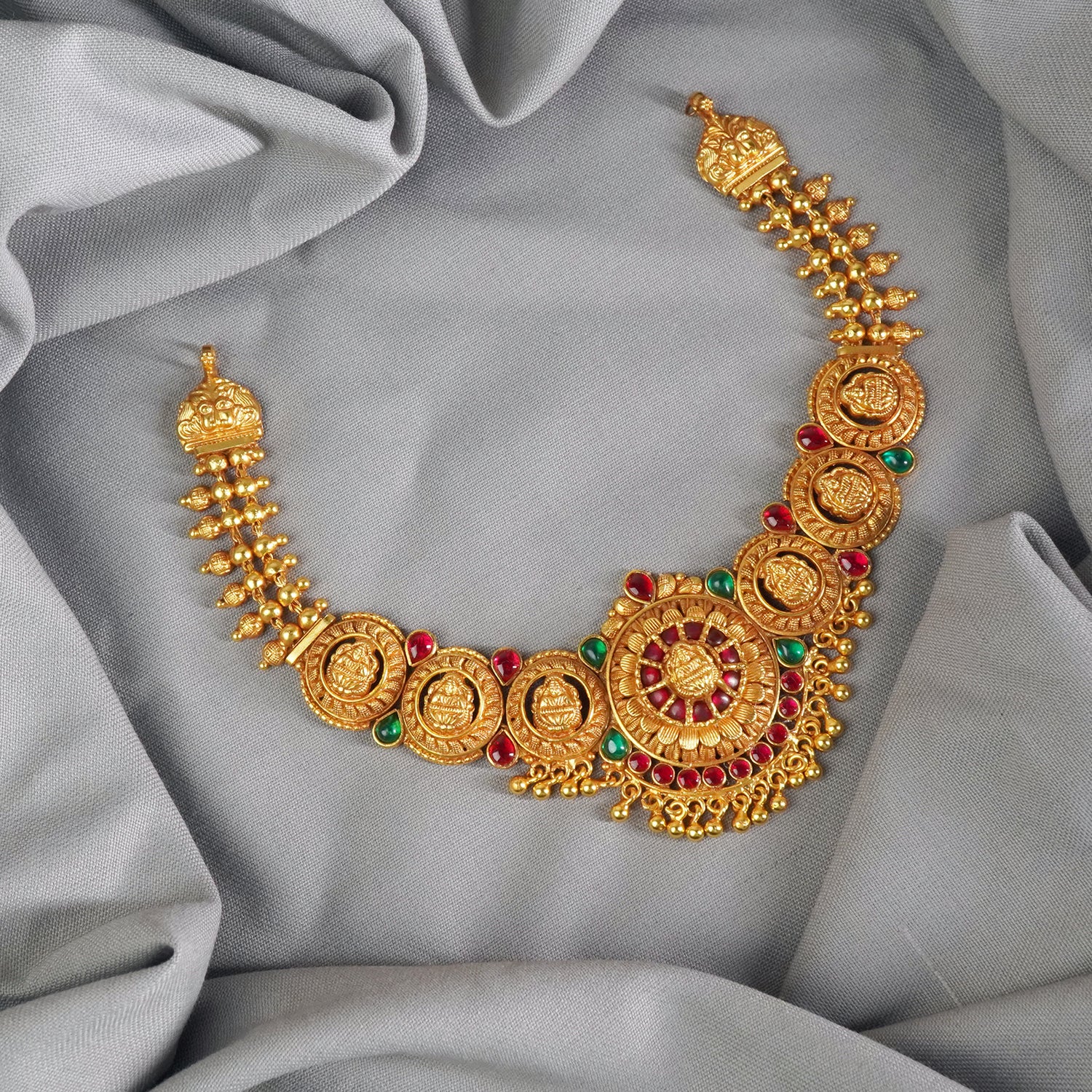 Pure Silver Gold Plated Matt Gheru Finish Nagas Laxmi Necklace Design