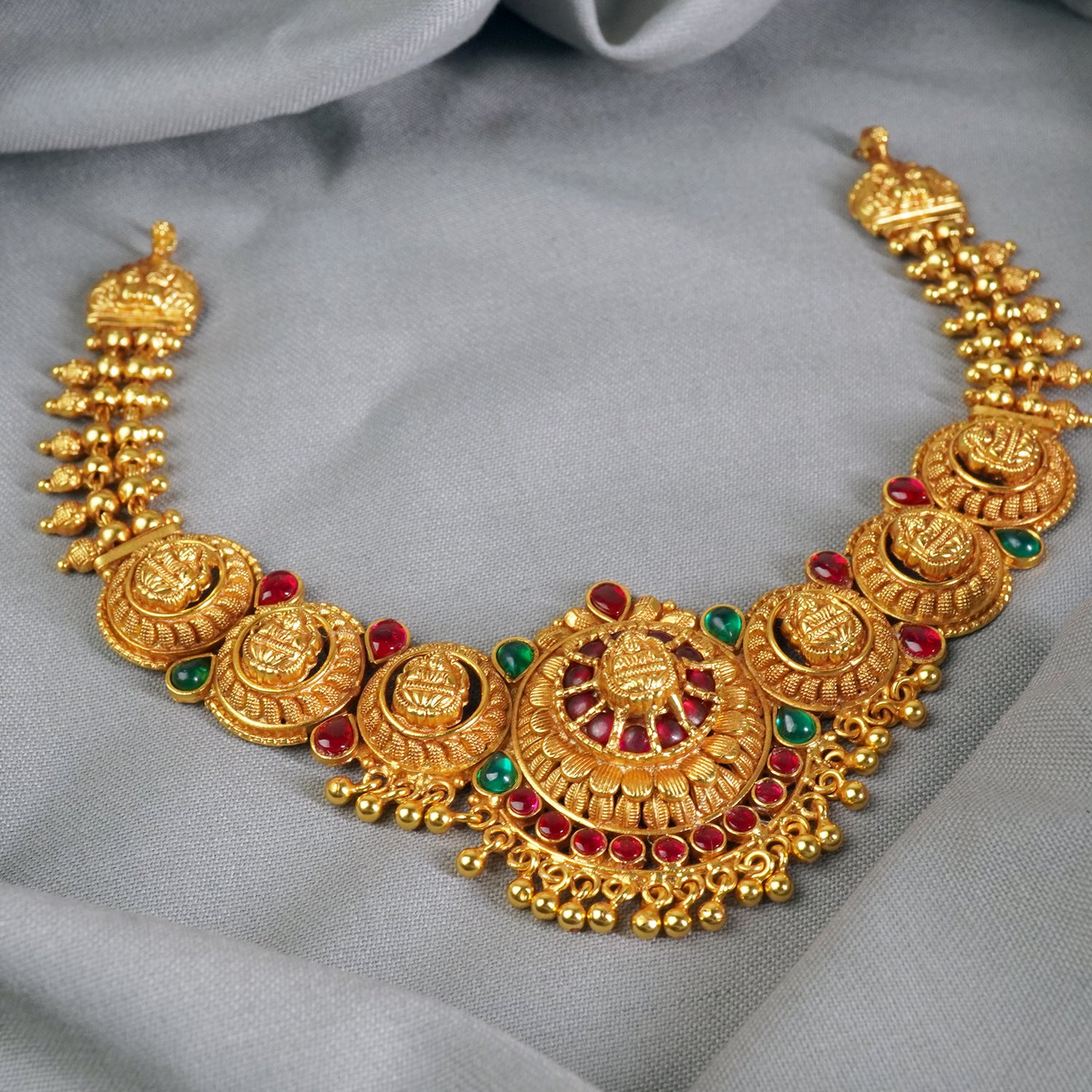 Pure Silver Gold Plated Matt Gheru Finish Nagas Laxmi Necklace Design
