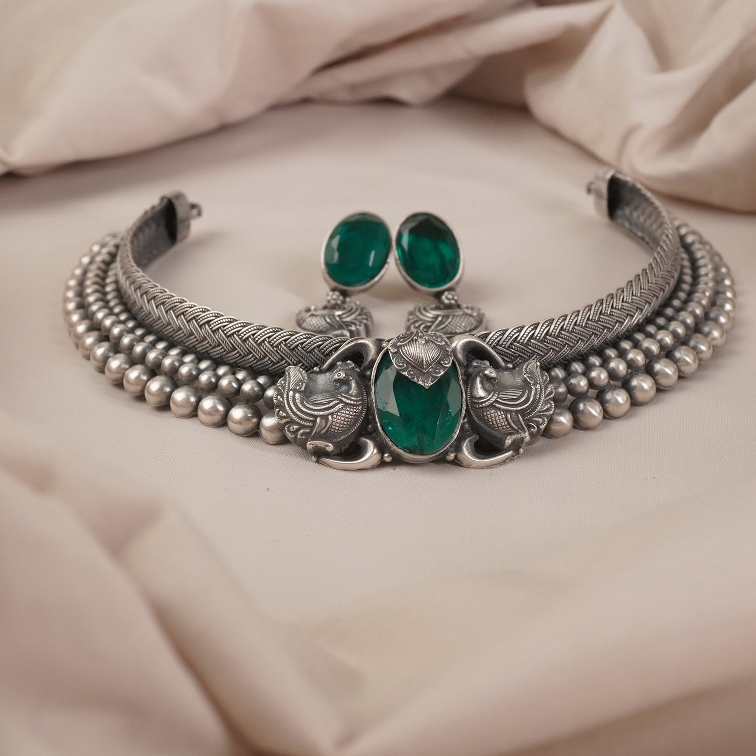 Silver Kolhapuri Chattai Necklace With Peacock Piece