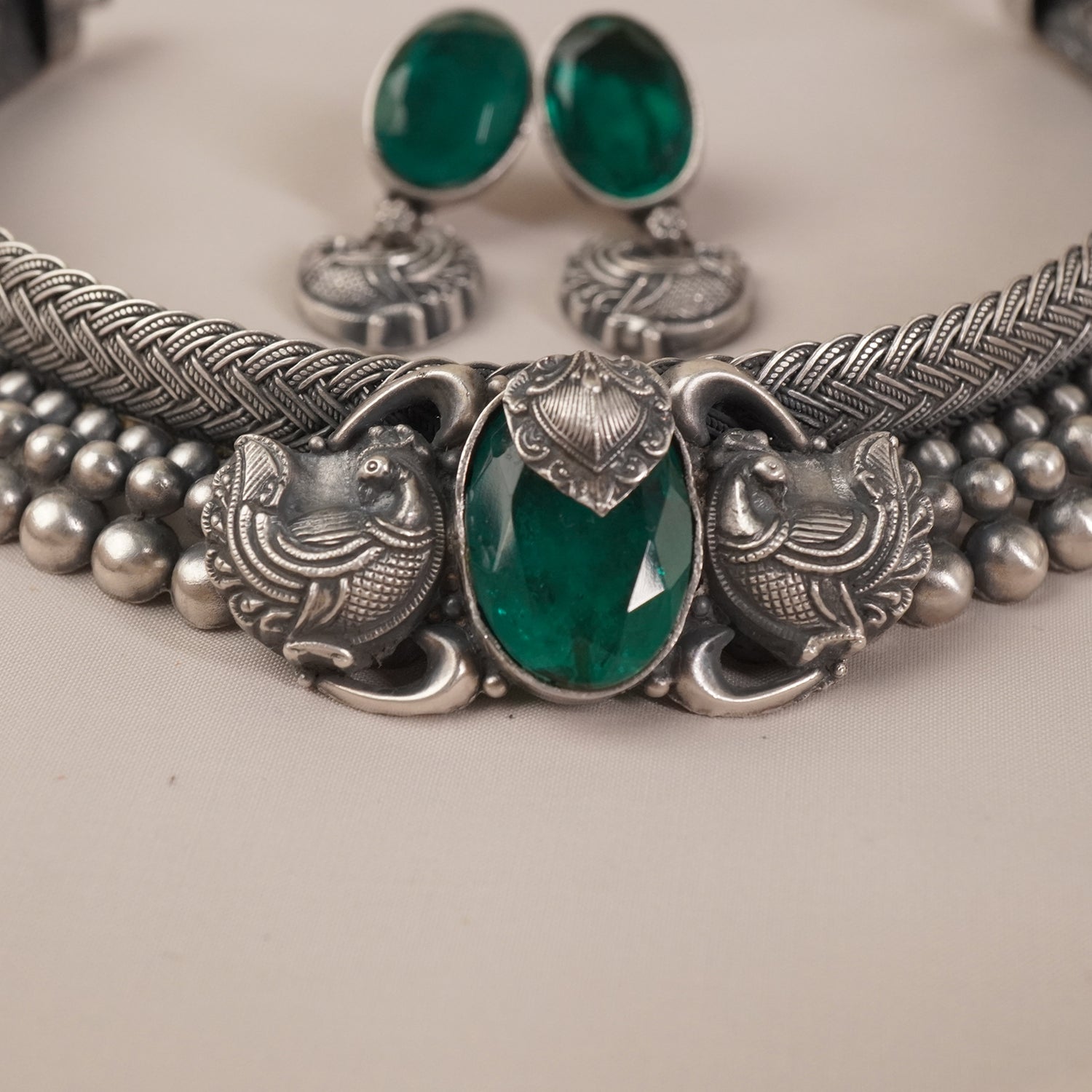 Silver Kolhapuri Chattai Necklace With Peacock Piece