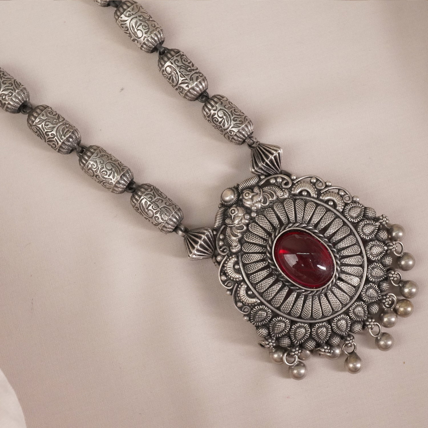 Long kolhapuri Beads Silver Necklace