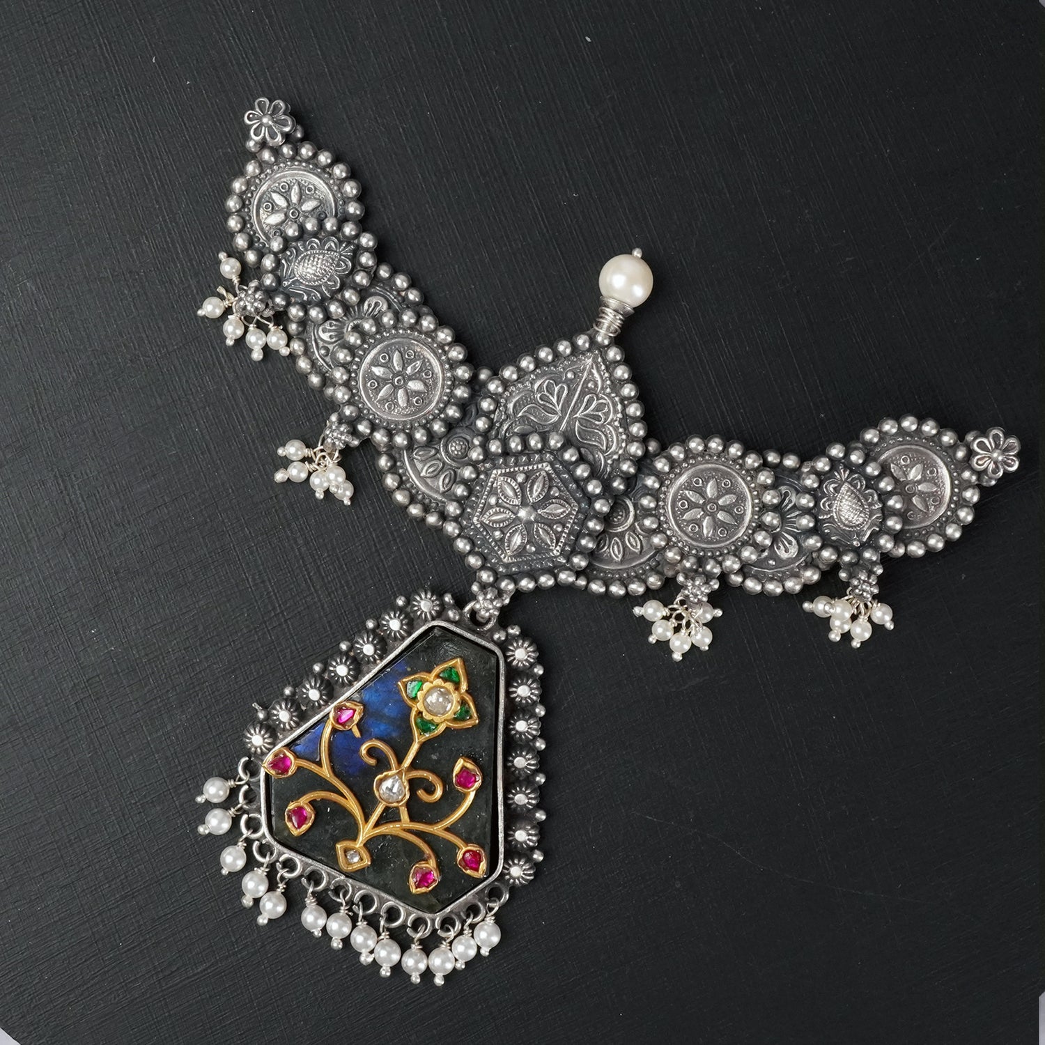 Silver Pendant With Gold Plated Kundan Filigree Studded Stone