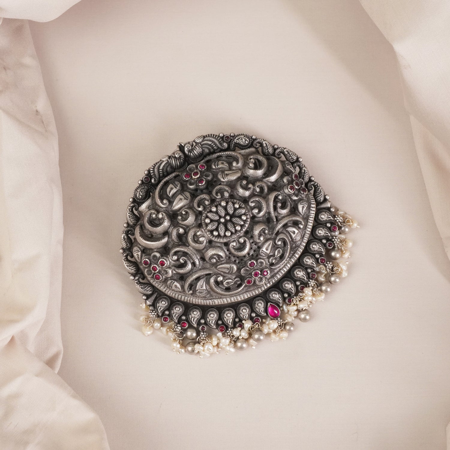 Silver Long Nagasi Pendant With Pearls