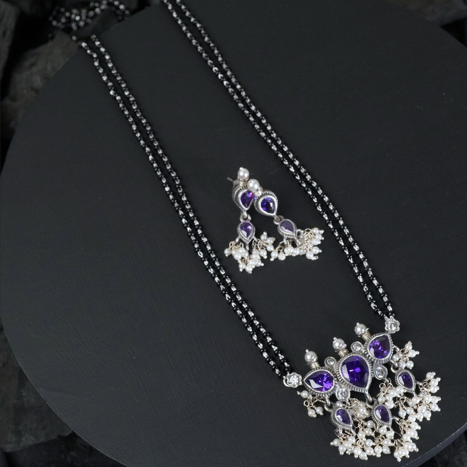Silver Chain Mangalsutra With Amethyst Tanmani Pendant And Earrings- 28"