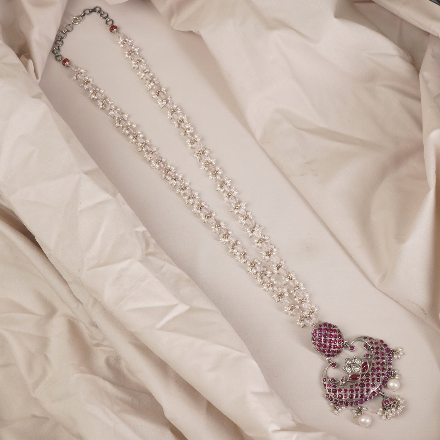 Long Silver Pearl Bunch Necklace