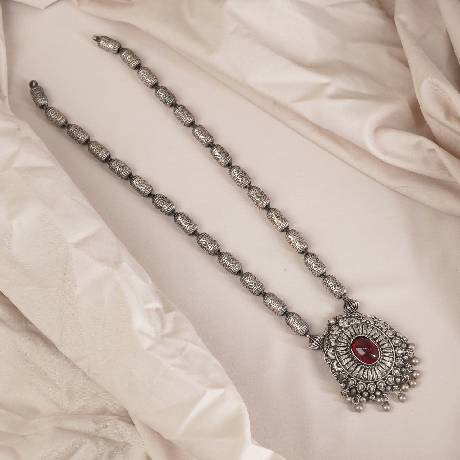 Long kolhapuri Beads Silver Necklace