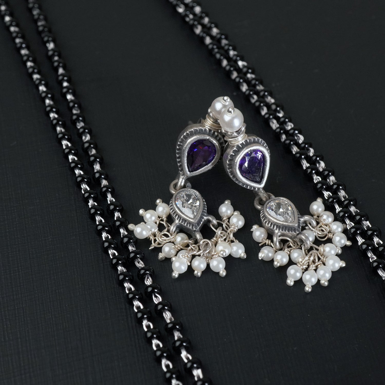 Silver Chain Mangalsutra With Amethyst White Tanmani Pendant And Earrings
