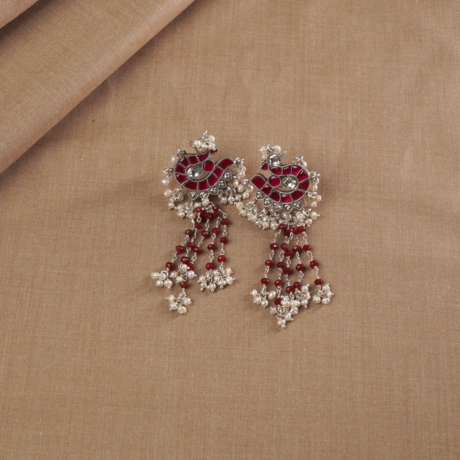 Silver Jadau Kundan Earrings - Peacock