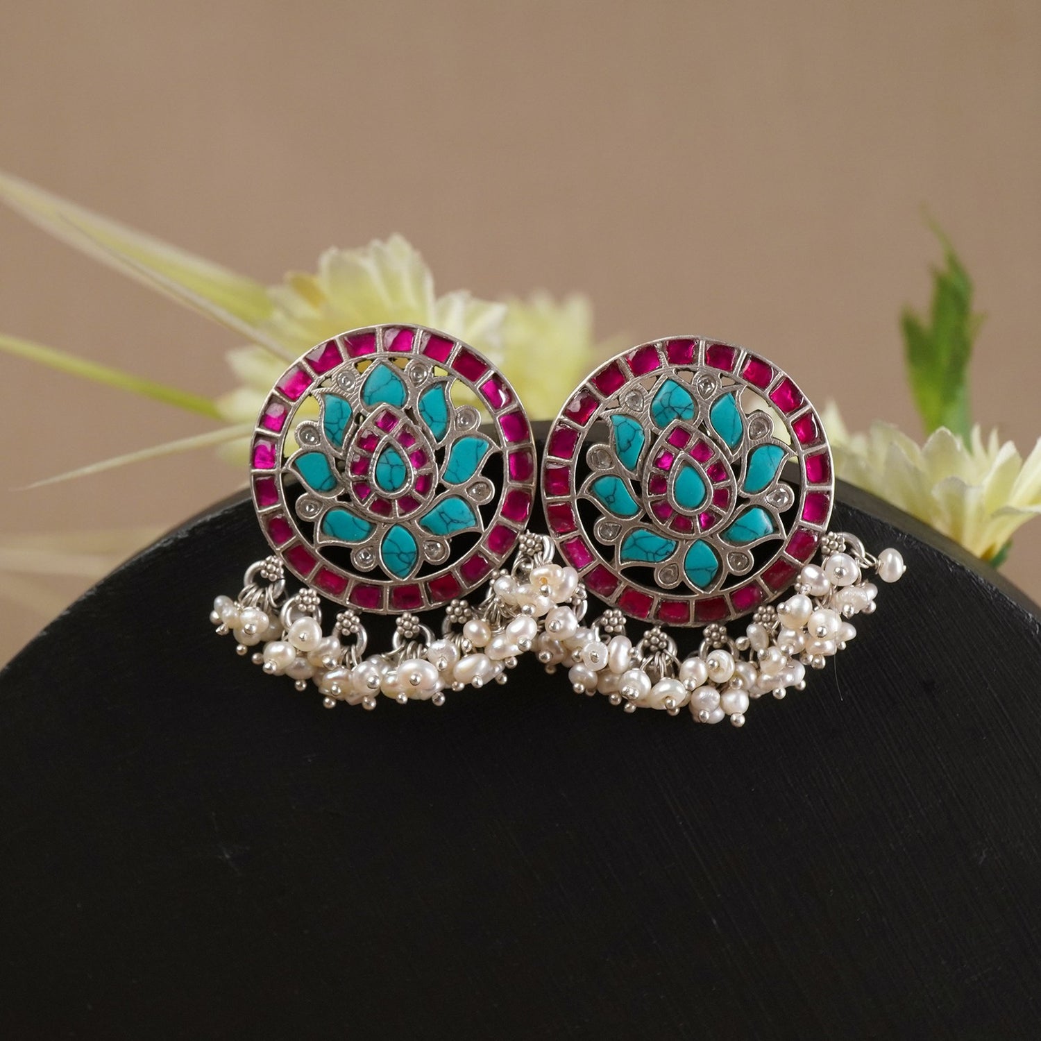 Silver Jadau Kundan Earrings - Suryaful