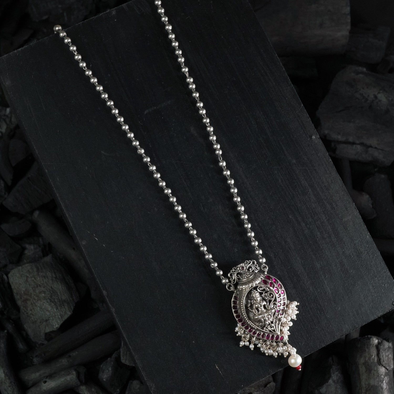 silver long haram with shankh laxmi pendant