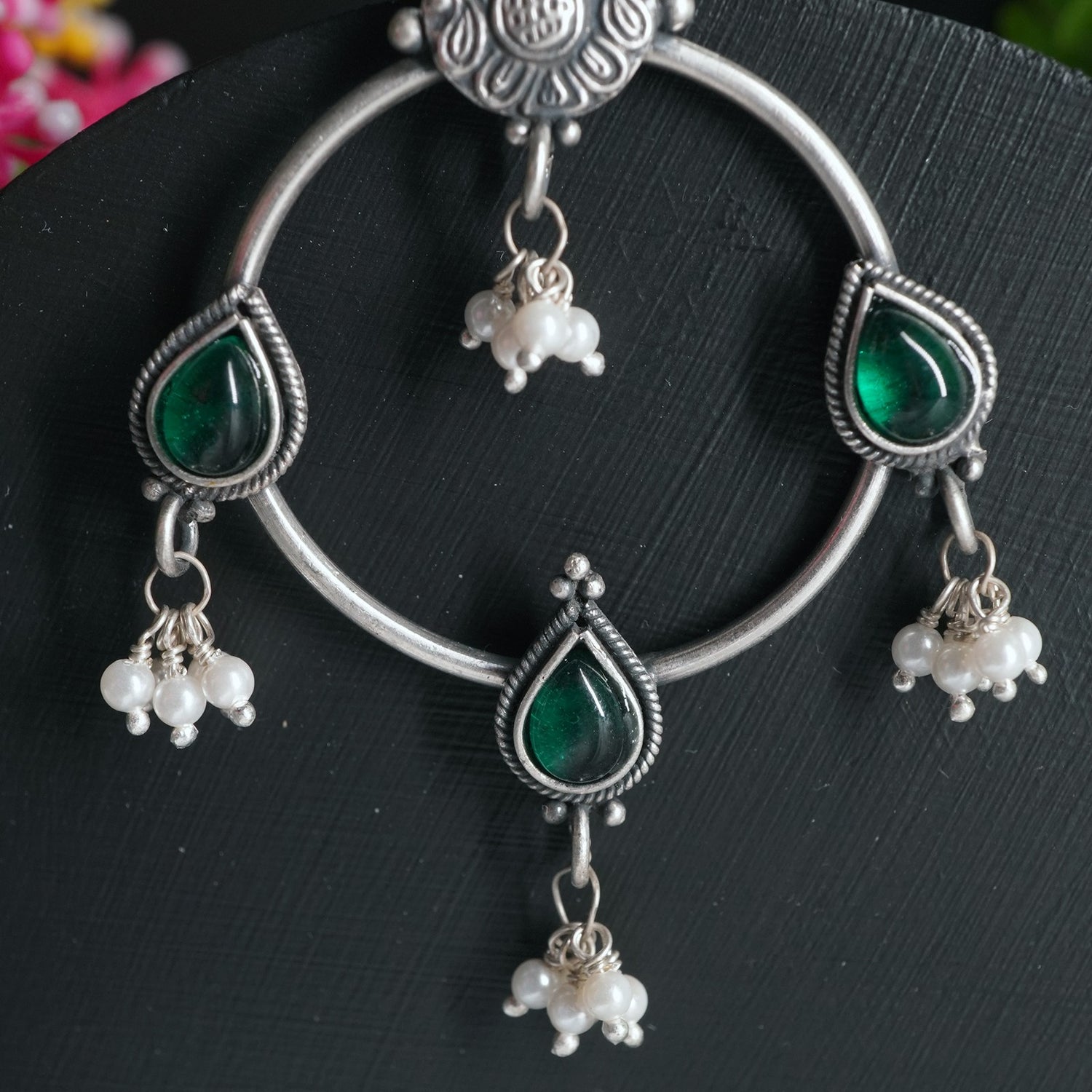 Traditional Indian silver earrings with green kemp and pearls